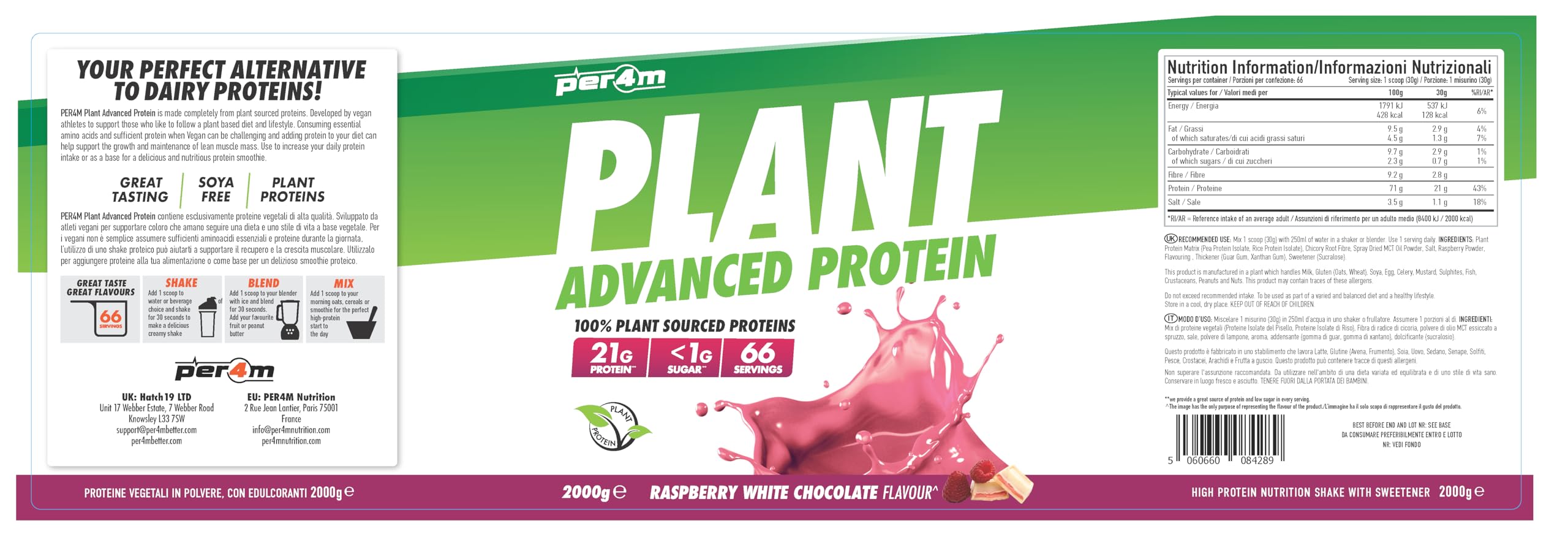 Per4m Plant Protein Protéine Végétale Vegan Acides Aminés Sans Lactose Nutrition Sport Récupération Musculaire Sabor Raspberry White Chocolate 2 kg