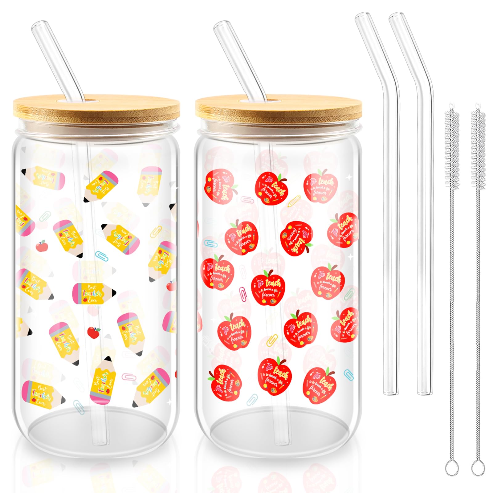 Piuaeue 2 Set Teacher Appreciation Gifts Teacher Appreciation Glass Cups 16 oz Iced Coffee Glasses Cup with Bamboo Lids Smoothie Cups Apple and Pencil