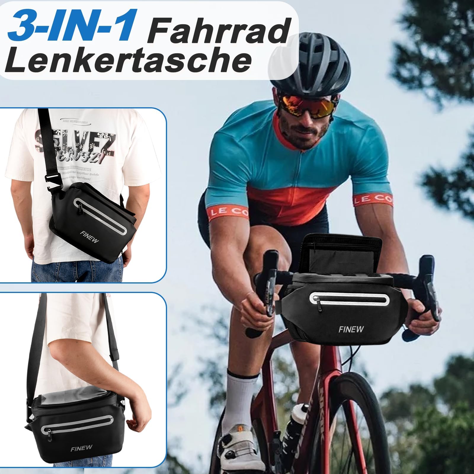 Sacoche De Guidon FINEW 6L - étanche, Adaptateur Pour Guidon 22,2-31,8 Mm, Poche Phone, écran Tactile, Bandoulière