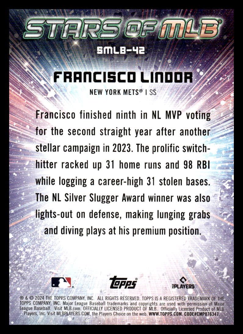 Amazon.com: 2024 Topps Stars of MLB #SMLB-42 Francisco Lindor New