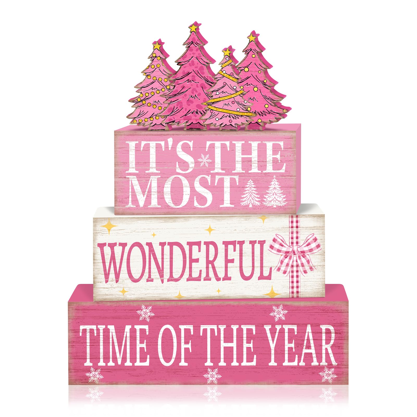Britimes 4 Pcs Pink Christmas Table Decor Wooden Tiered Tray Sign, Farmhouse Rustic Holiday Decorative Book Stack Block Wonderful Time Table Centerpieces for Home Shelf Decorations (Pink Tree)