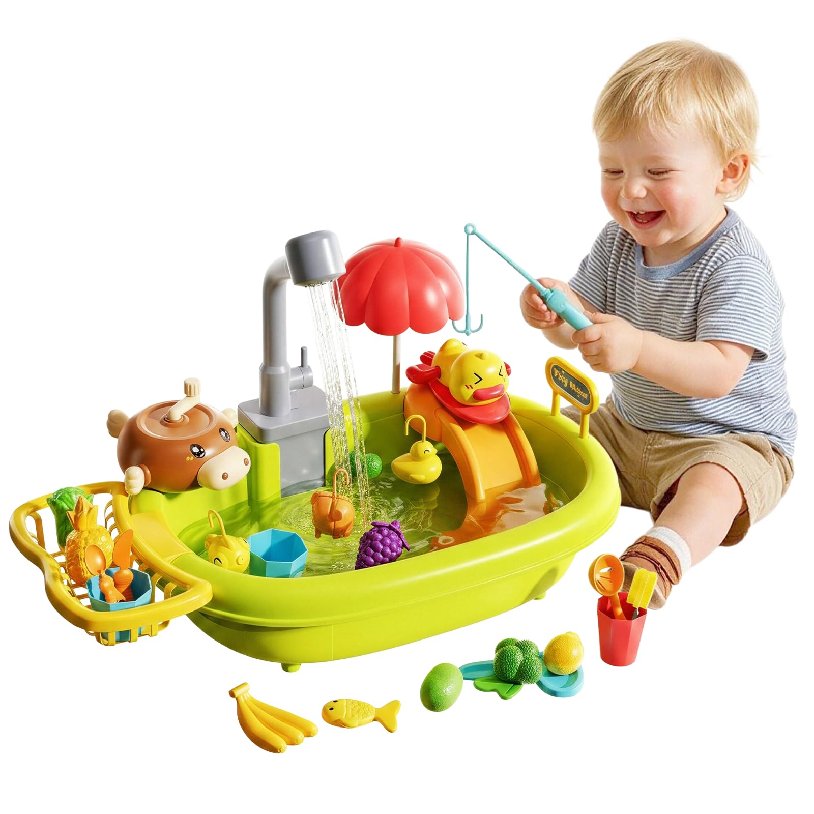 Kitchen Sink Toys, Dishwasher Toy with Warm Running Water Automatic Water Cycle System Cooking Stove Kitchen Accessories for Boys and Girls Gift