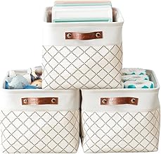 DECOMOMO Storage Bins | Fabric Storage Basket for Shelves for Organizing Closet Shelf Nursery Toy | Decorative Large Linen Closet Organizers with Handles Cubes (Beige Check, Large - 3 Pack)