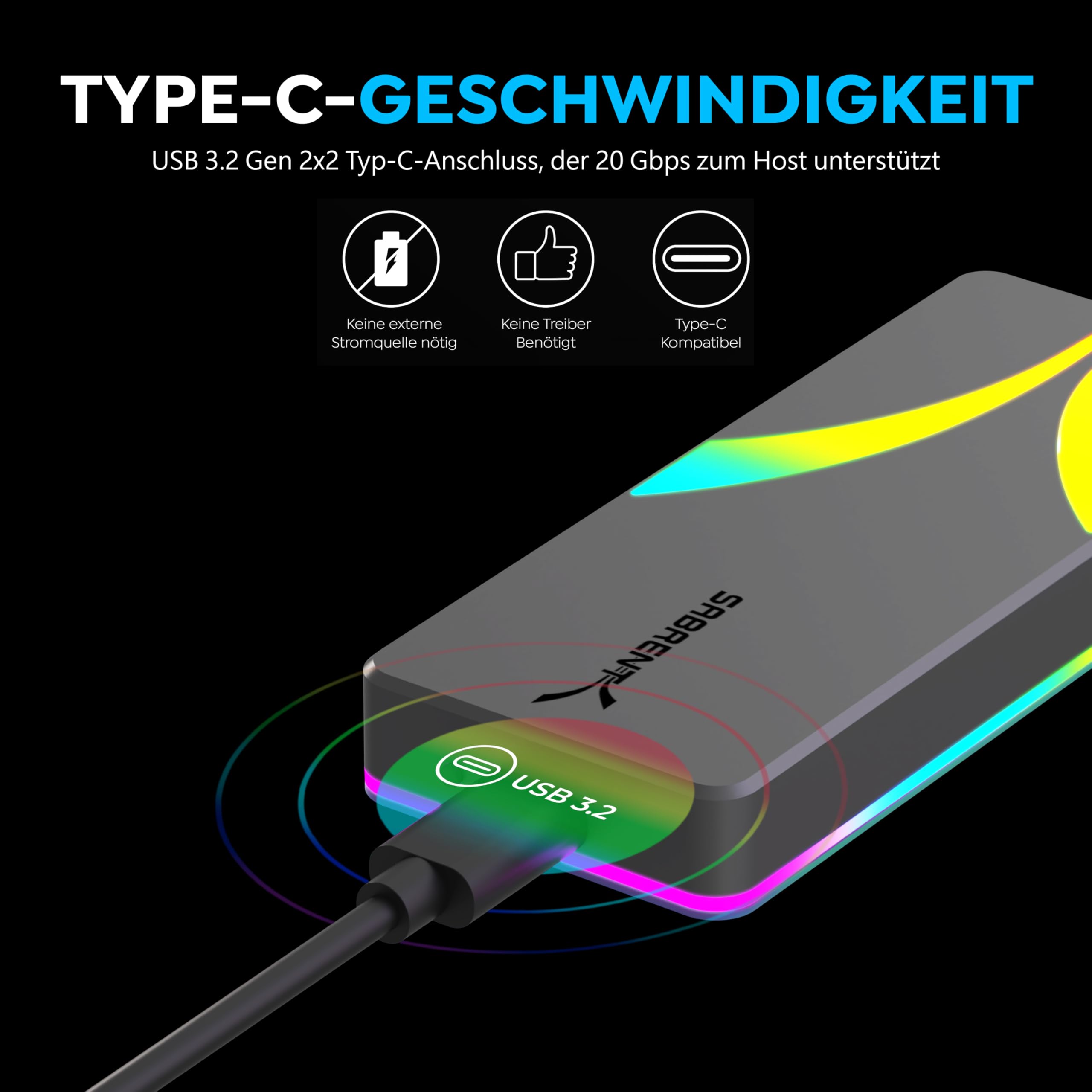 SABRENT Rocket RGB USB C 20Gbps M.2 SATA NVMe SSD Gehäuse (EC-RGBG)