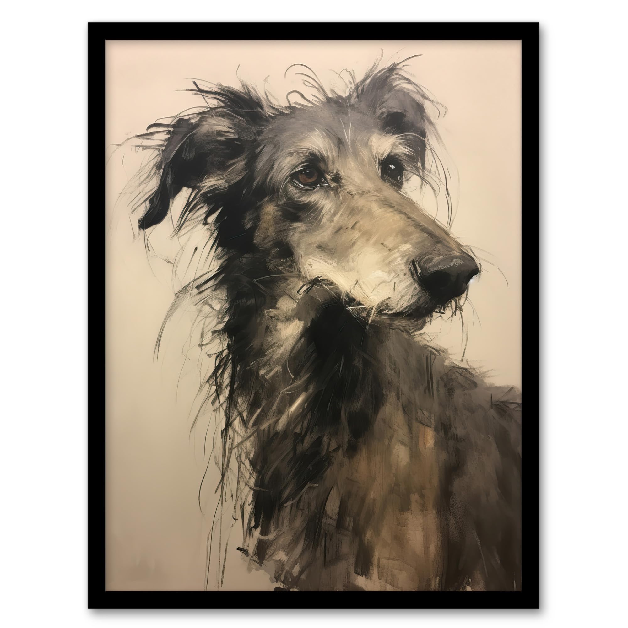 Artery8 Deerhound Black And White Portrait Serene Elegant Charcoal Drawing Artwork Framed Wall Art Print 18X24 Inch