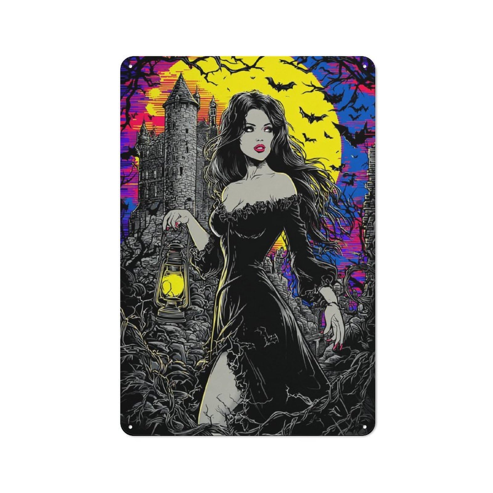 Junmoney Haunting Lantern Night Retro-Style Metal Wall Sign 30X20cm For Living Room Wall, Gift Idea At Christmas For Feature Wall Decorators
