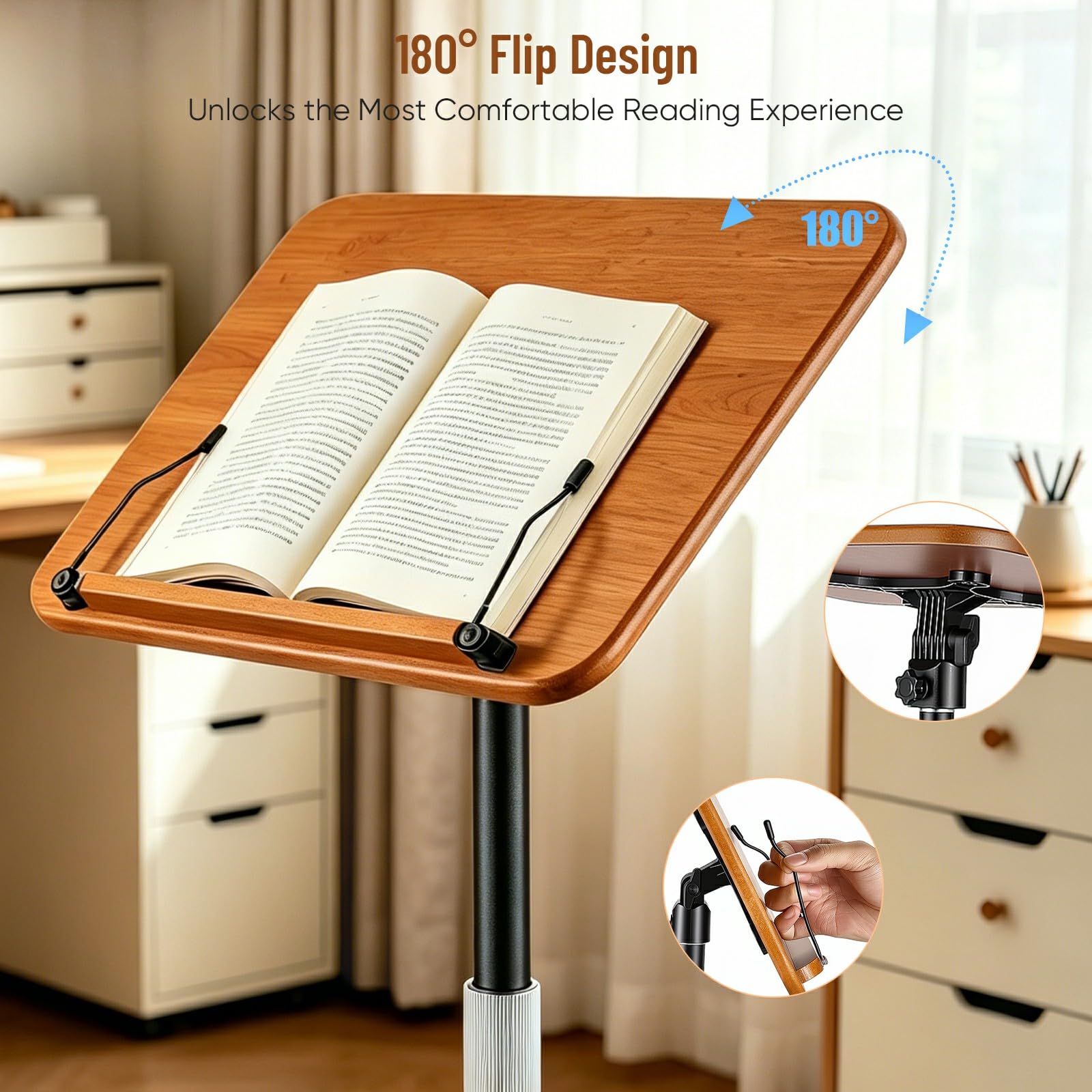 Lesebuchständer, anhebbarer Beistelltisch, Rednerpult mit Holzplatte, Stehpult Höhenverstellbar 86–132 cm, Notenständer Holz, Laptopständer, Buchständer für Lesen, Präsentation, Musik, Sofa und Bett