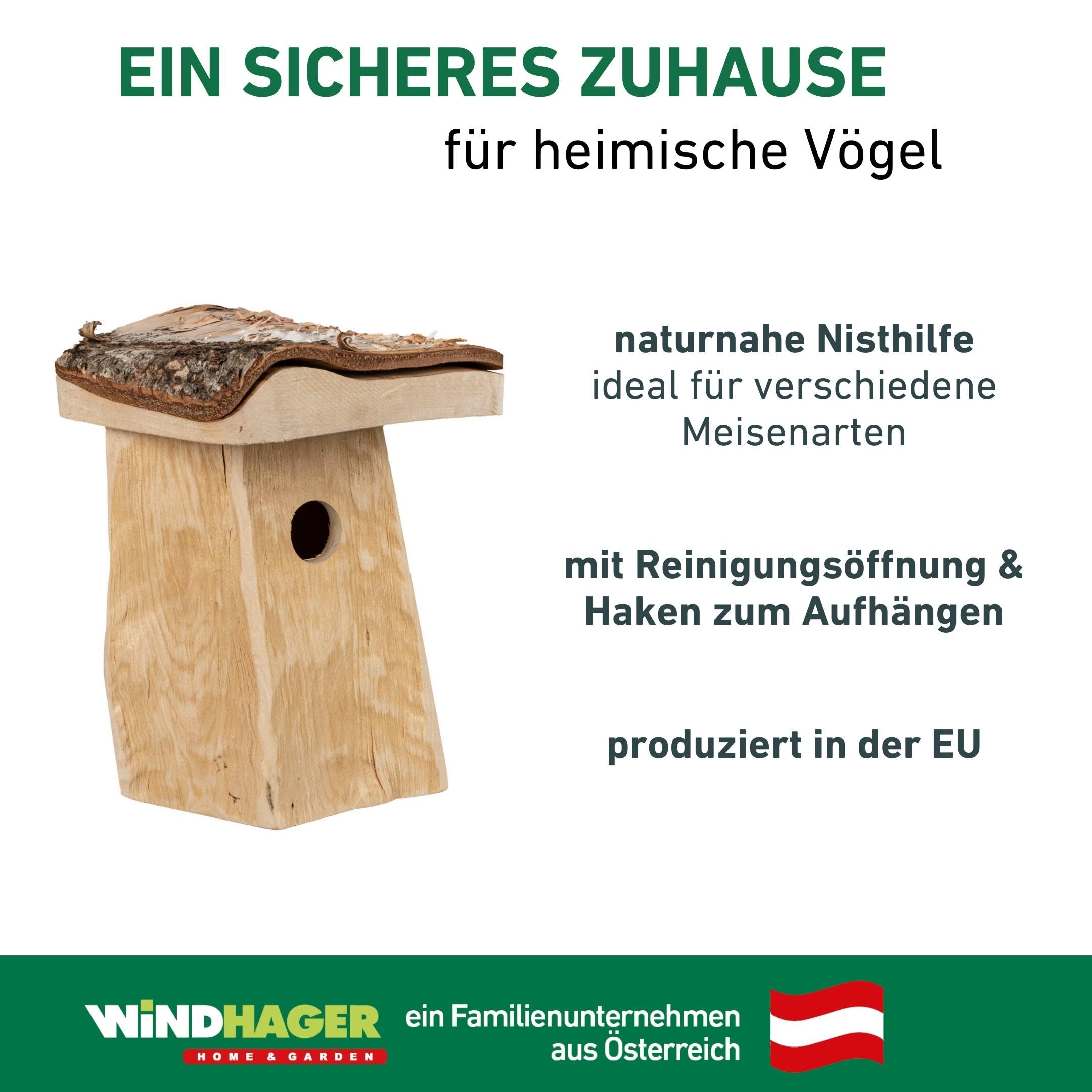 Windhager Nistkasten Log Cabin | abnehmbares Dach | Einflugloch Ø 28 mm, aus Birkenholz | Vogelhaus für Meisenarten, Vogelnistkasten zum Aufhängen, Brutkasten für Vögel, Nisthilfe | langlebig