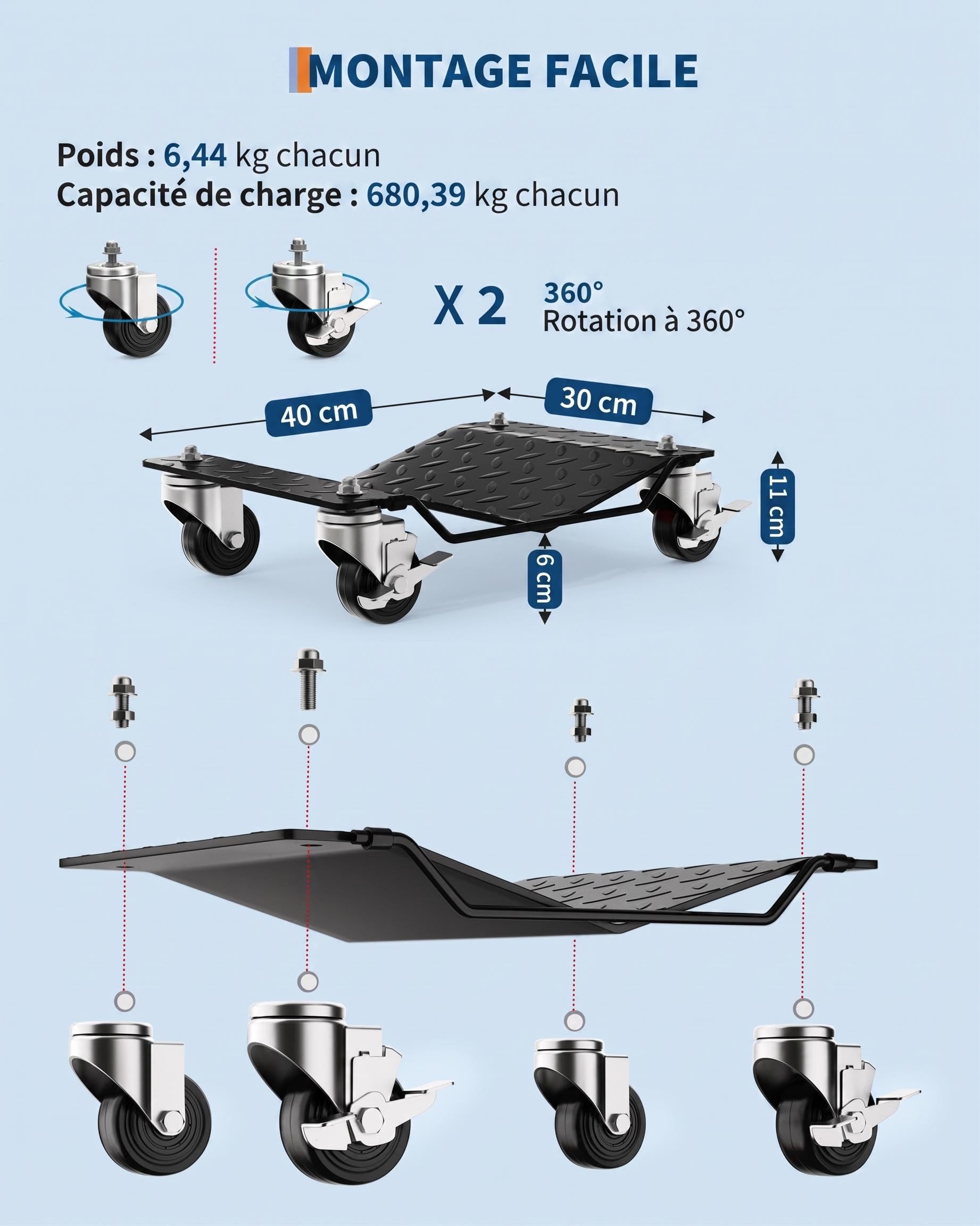 Lot de 4 Chariots de Manutention de Voiture, Capacité de 2720 kg, Noir