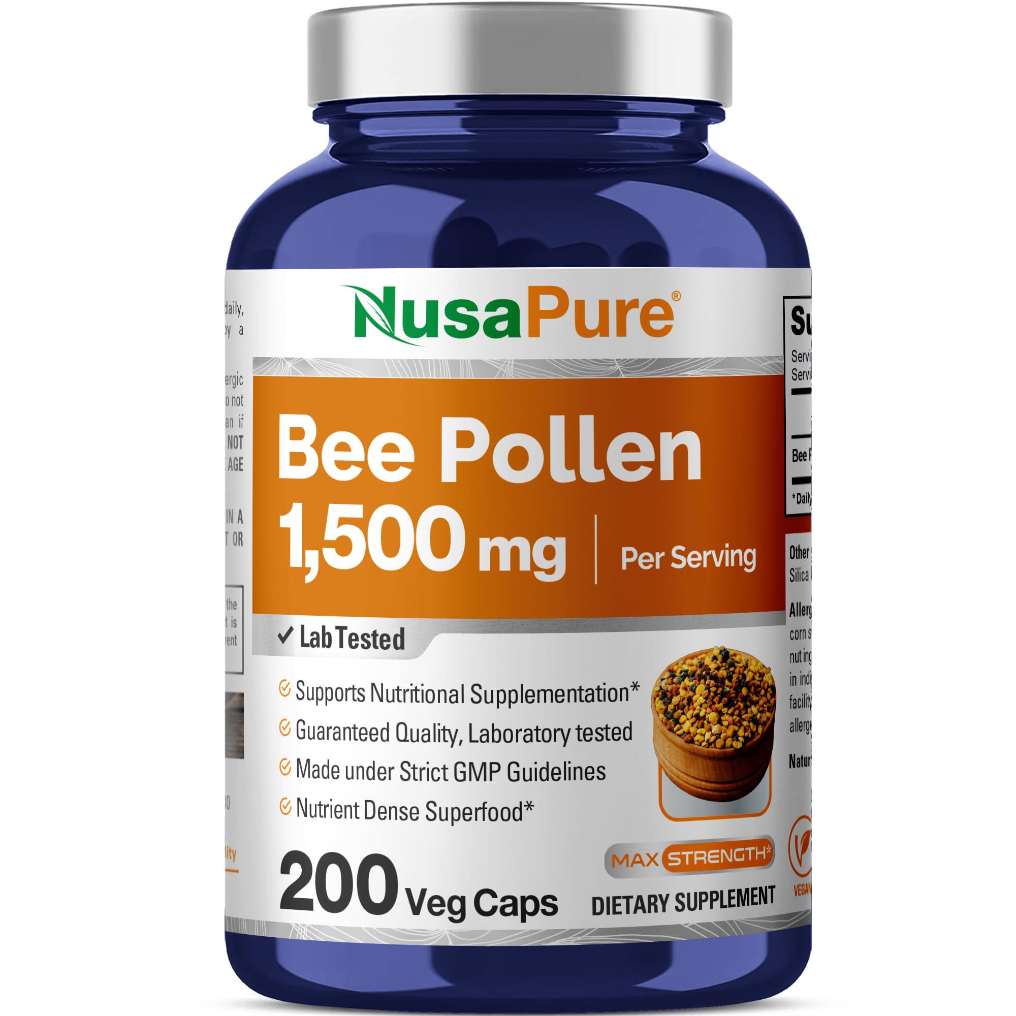 NusaPure Bee Pollen 1500mg 200 Veggie Caps (100% Vegetarian, Non-GMO, Vegan) Naturally Occurring Proteins, Aminoacids
