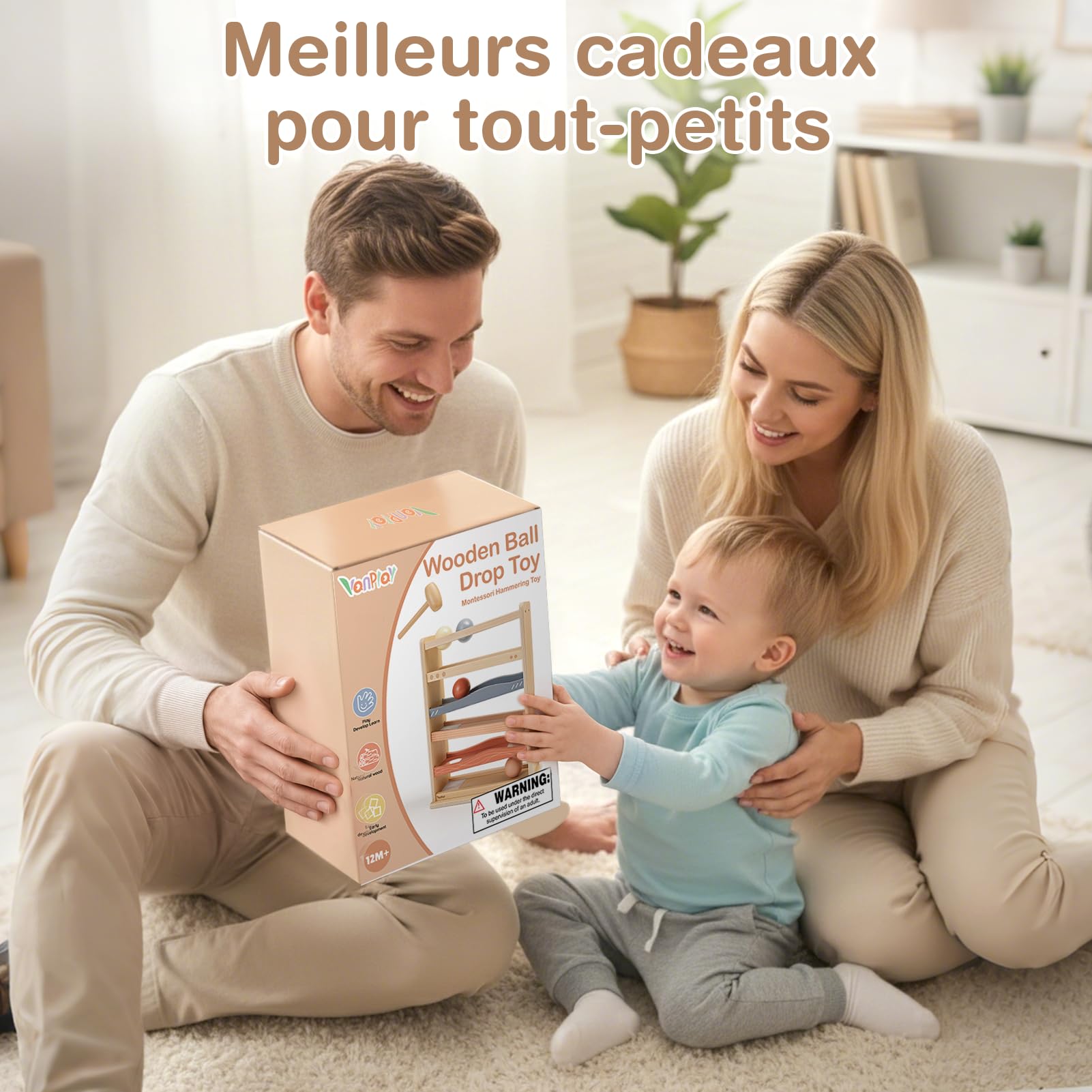 Vanplay Circuit de Billes en Bois Jouet dès 1 an, Jeu de Marteau avec 4 Boules et Un Marteau en Bois, Jouet Montessori dès 1 an, sans Installation, Cadeau pour garçons et Filles 1, 2, 3, 4 Ans