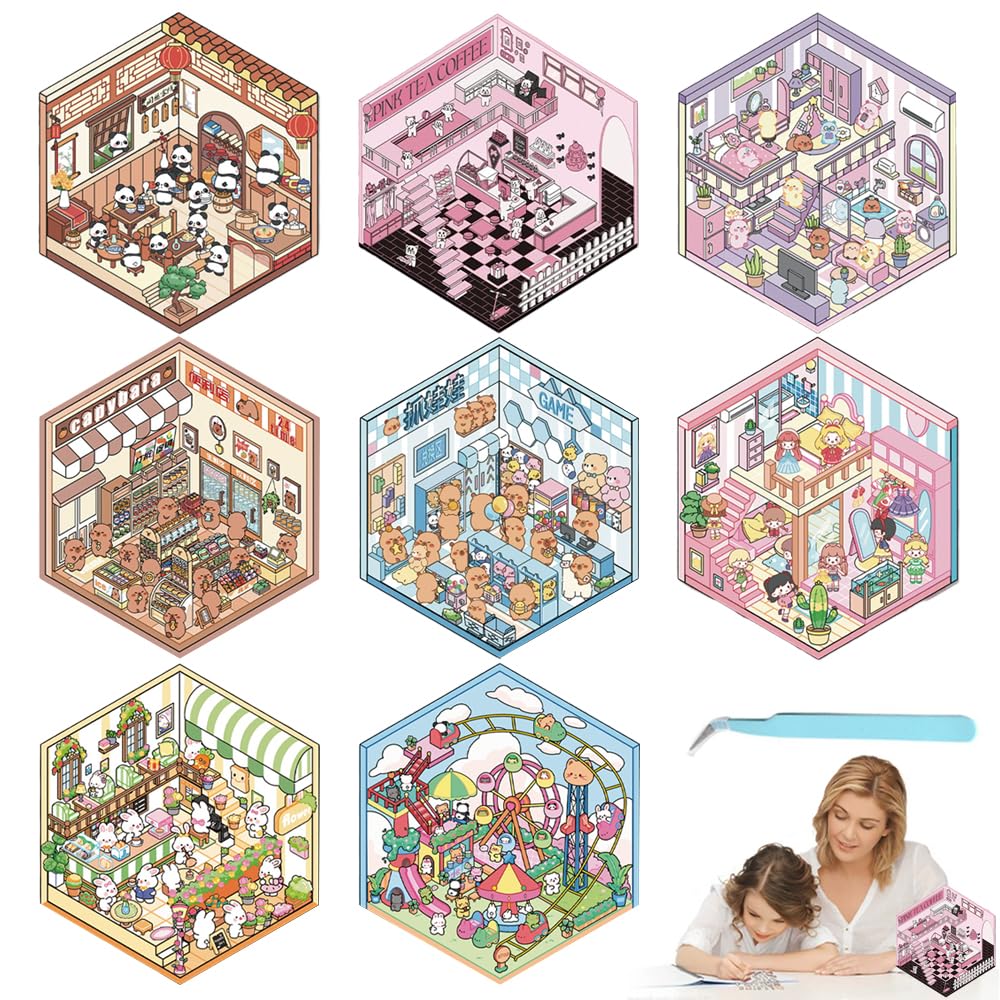 8PCS New Creative Sticker Scenes with Tweezers, 3D Isometric Room Stickers, Christmas Cute Cartoon DIY House Stickers, Cute Korean Scene Stickers for
