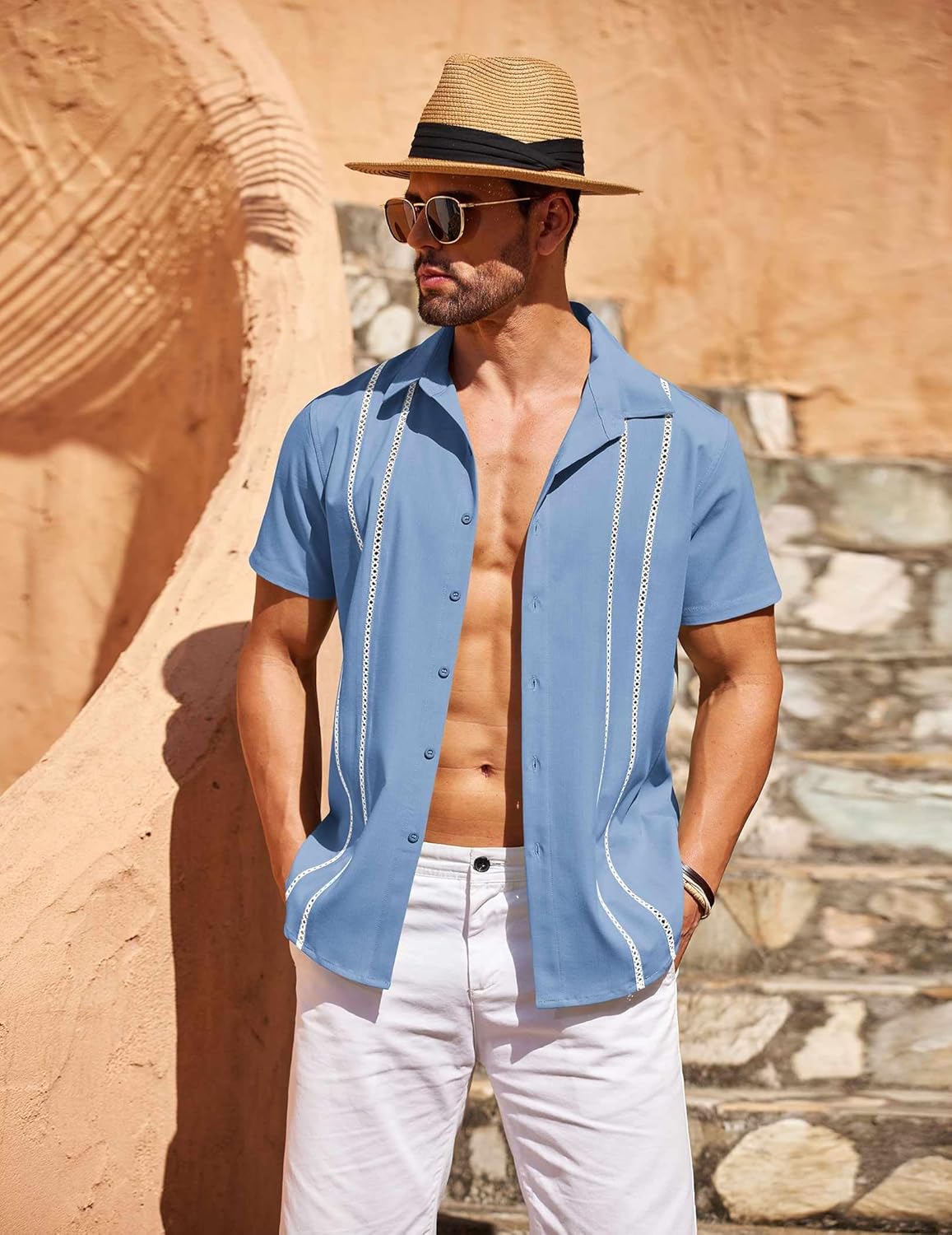 COOFANDY Men's Cuban Guayabera Shirt Short Sleeve Button Down Shirts Casual Summer Beach Linen Shirts - Image 4