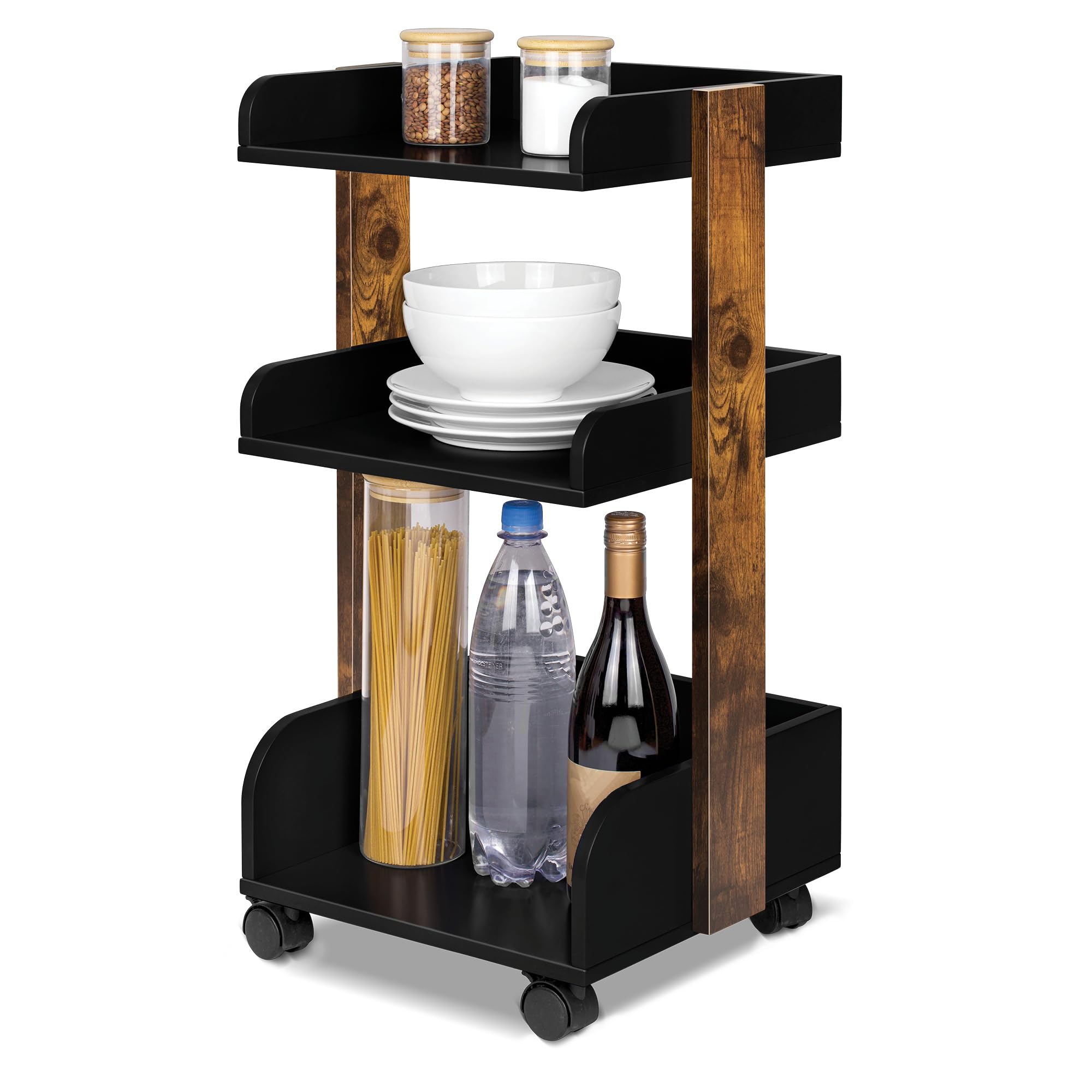 bomoe Carro de Cocina con 4 Ruedas bloqueables y 3 estantes Bosse - Madera FSC® Carro para Servir Carro para Manualidades Mesa Mueble Auxiliar Cocina 32x35x69cm Negro y Marrón