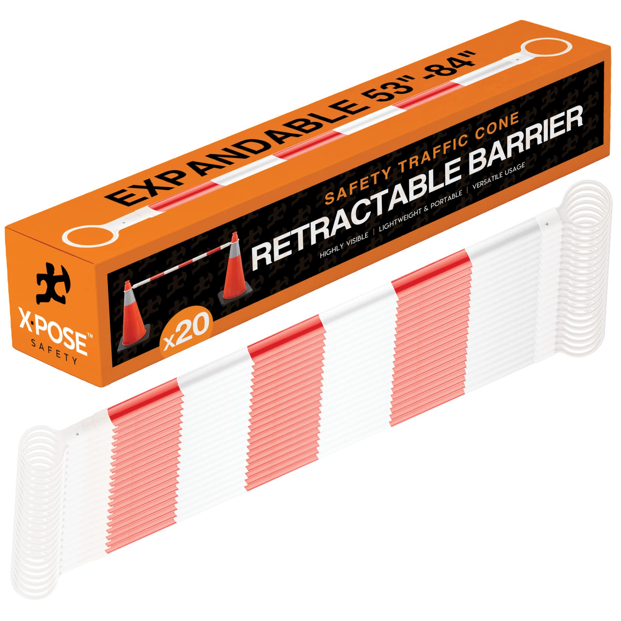 Retractable Barrier for Safety Traffic Cones - 2" OD - 53-84" Large Orange and White Bar Barricade - for Road Construction, Parking, Warning, Temporary Security Divider - by Xpose Safety Pack of 20