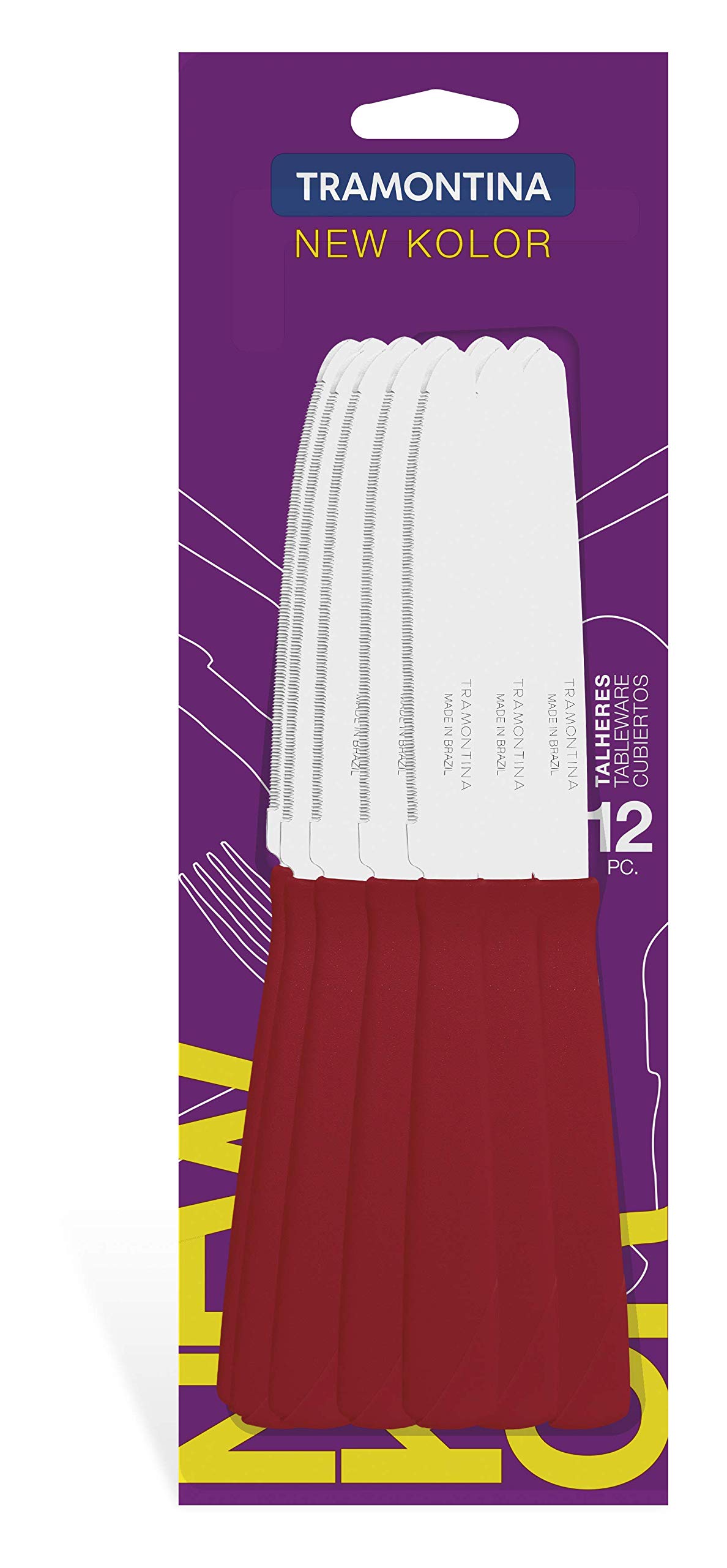 TramontinaNew Kolor 12 Pieces Table Knife Set with Stainless Steel Blade and Red Polypropylene Handle