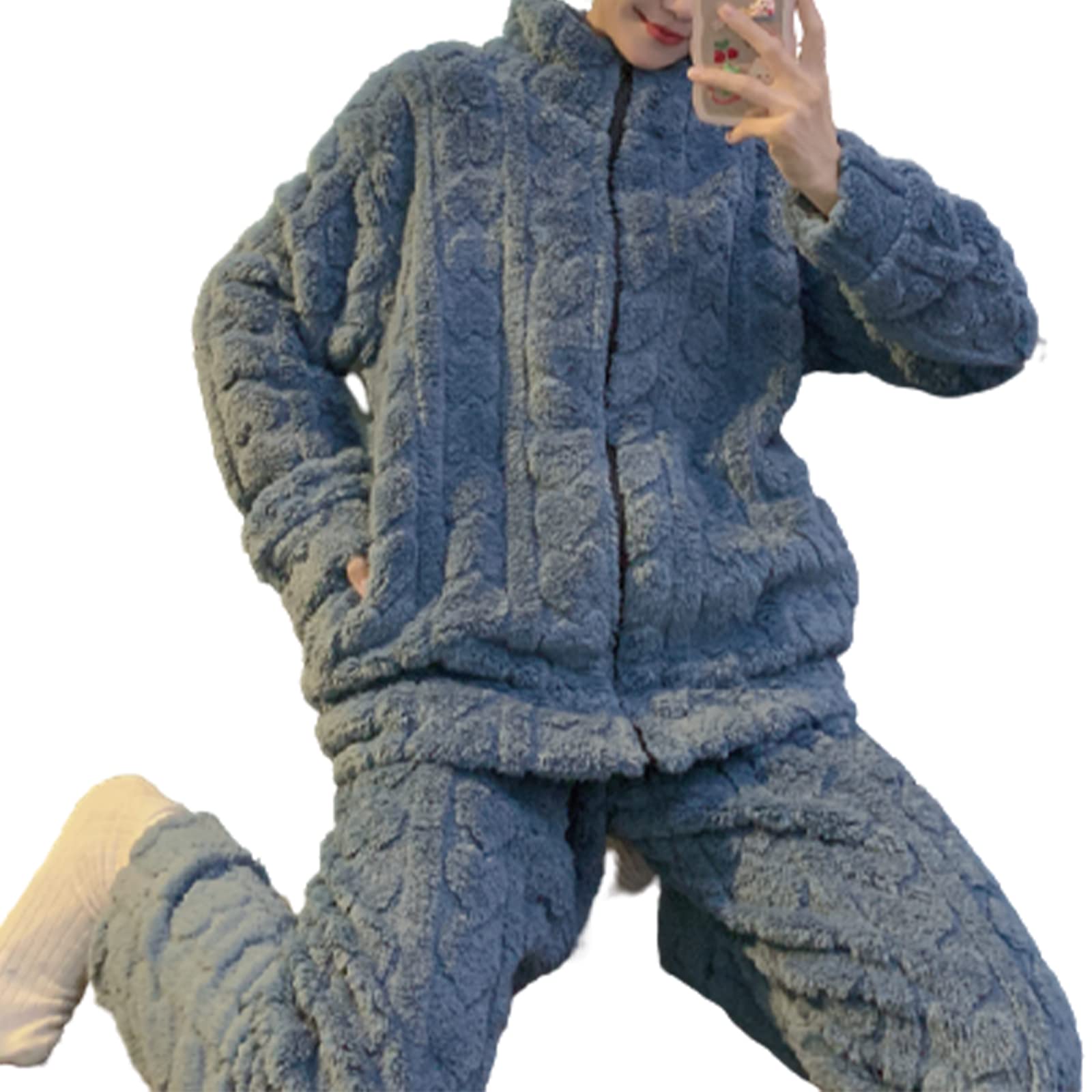Damen Pyjama Set Aus Korallenrotem Fleece, Dicker, Warmer, Weicher Stehkragen, Nachtwäsche, Bequemer Baumwoll Hausbekleidung
