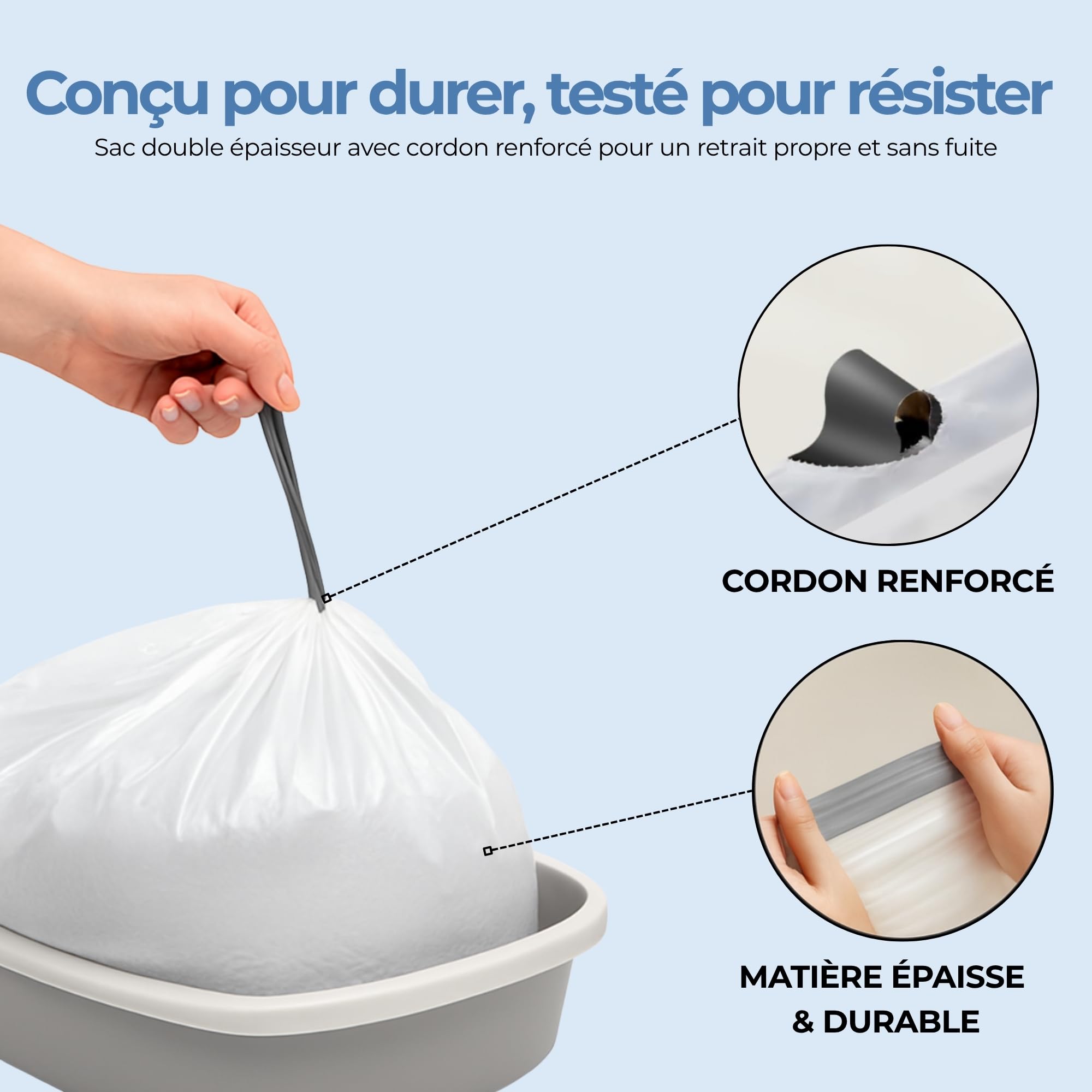 60x Sac Litière Chat L PETIFY - Sacs Litière Chat avec Cordons de Serrage - Protection Bac à Litière Épais Anti-Fuite & Anti-Odeurs - Pack Économique Annuel