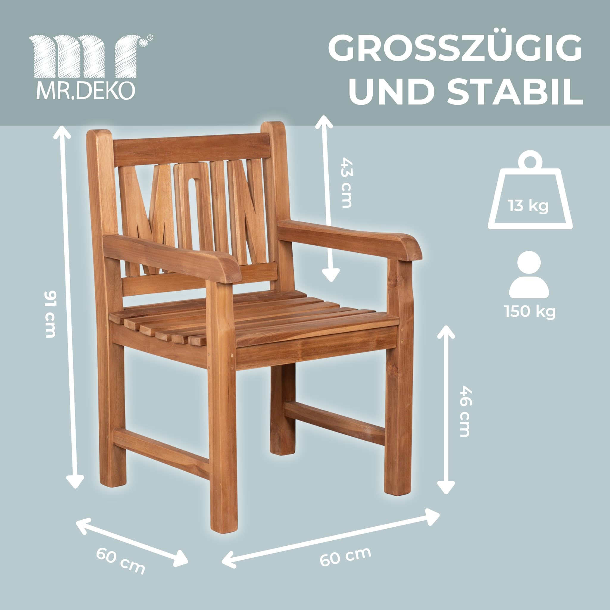 MR. DEKO Moin - Sillón de jardín (madera de teca, resistente a la intemperie, madera de teca) | Silla de madera al aire libre