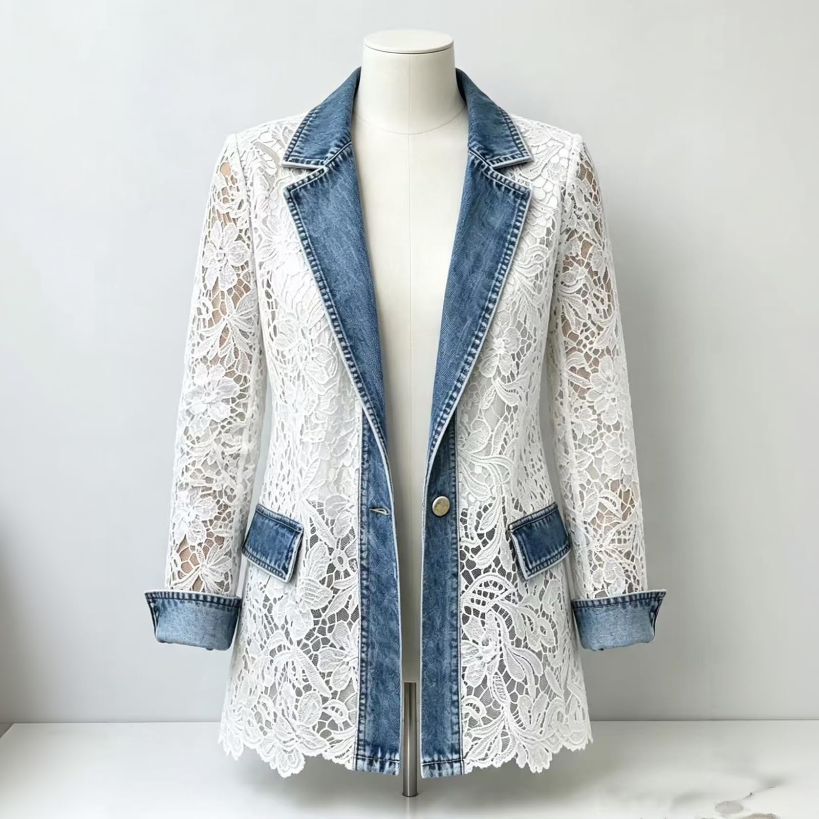 Generisch Jeansjacke Damen Mit Spitze Denim Jacket Patchwork Jeans Jacke