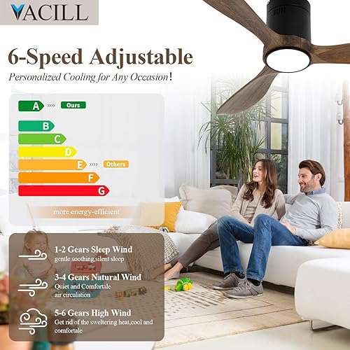 Miniatura 4 de Ventilador de techo de montaje empotrado con luz, ventilador de techo de perfil bajo, aspas de ventilador de madera, 6 velocidades, LED regulable,