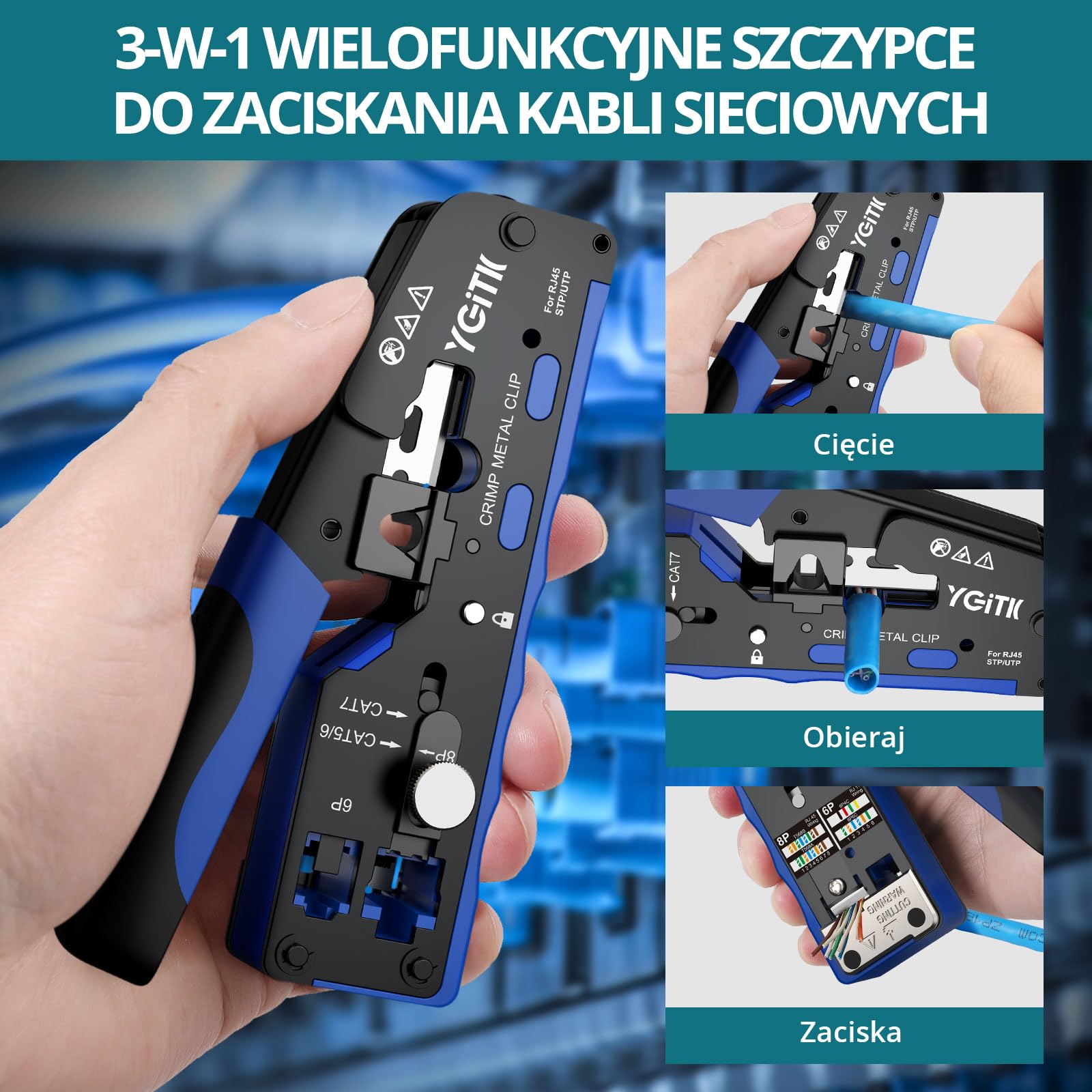 Cat7 Sieciowe narzędzie do zaciskania 3-w-1 Zestaw narzędzi do zaciskania Ethernet dla Cat5/Cat6/Cat7 - Przechodnia zaciskarka RJ45, Tester kabli, Ściągacz przewodów z 50 złączami (20 Cat7 + 30