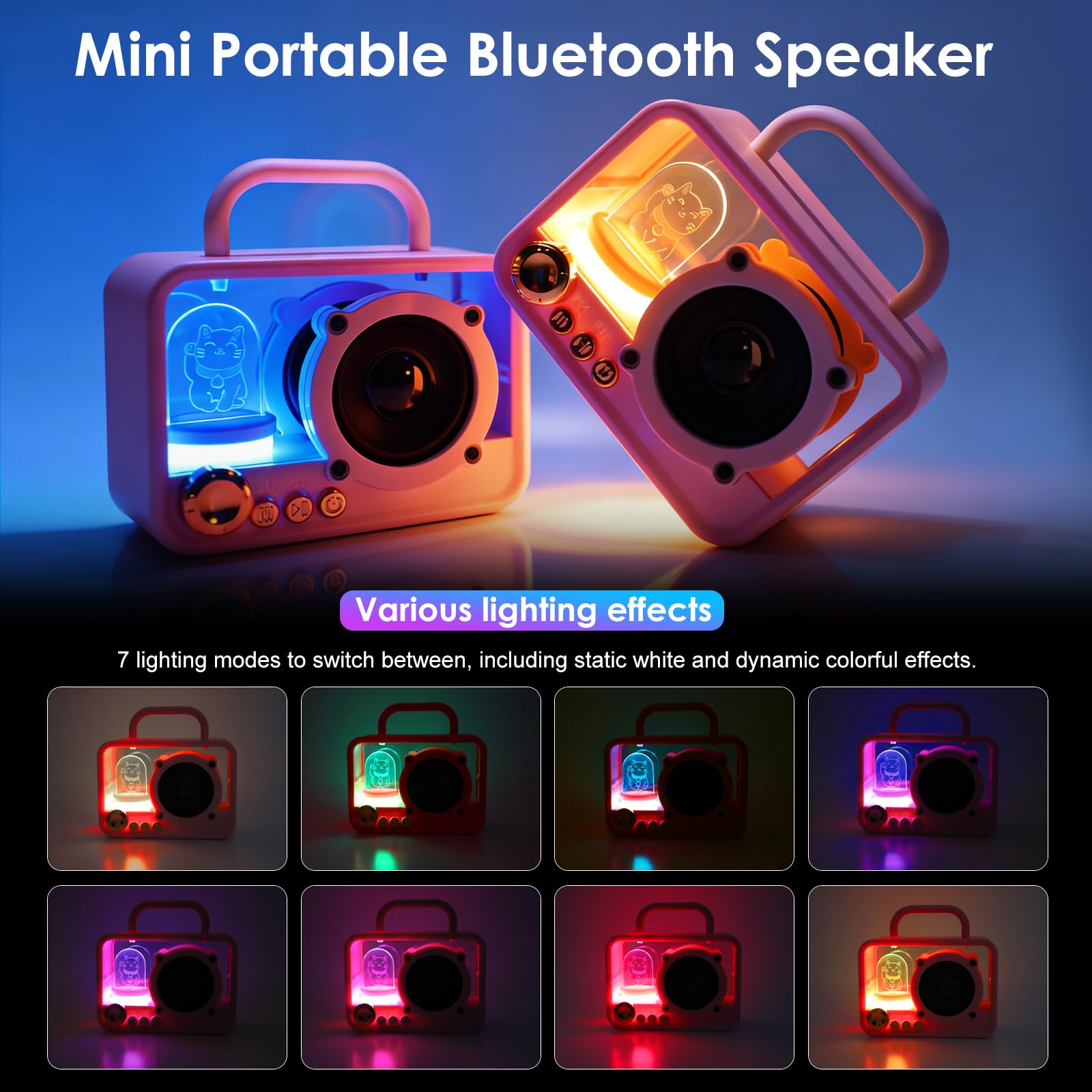 Altoparlante Bluetooth portatile con luci RGB, suono stereo, bassi potenti, mini altoparlante Bluetooth wireless, stile carino e alla moda per cucina, scrivania, camera da letto, ufficio