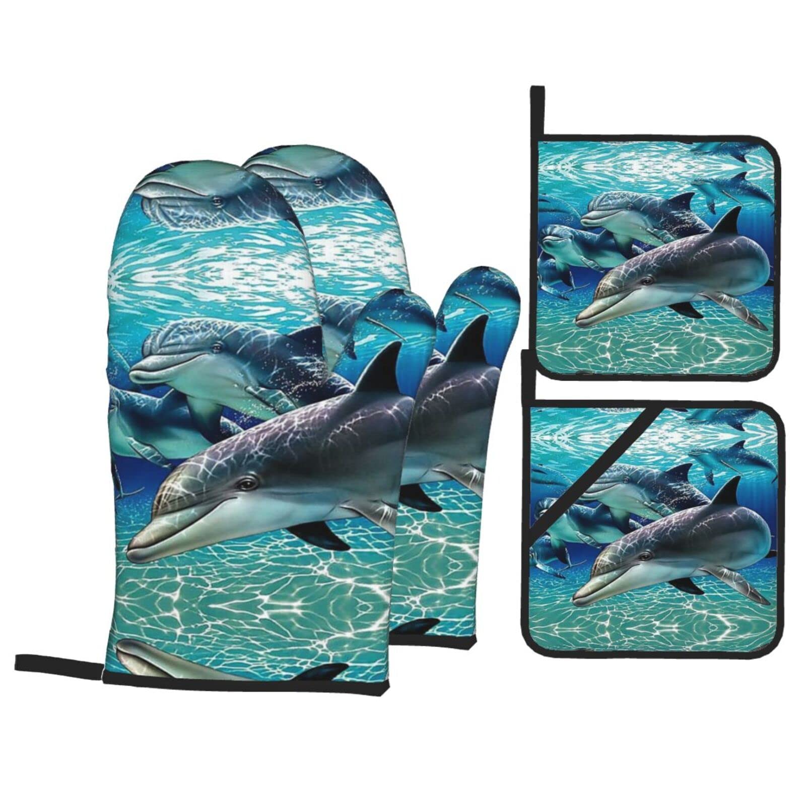 Dolphins Oven Mitt and Pot Holder 4-Piece Set for Kitchen, Outdoor Grill, Baking