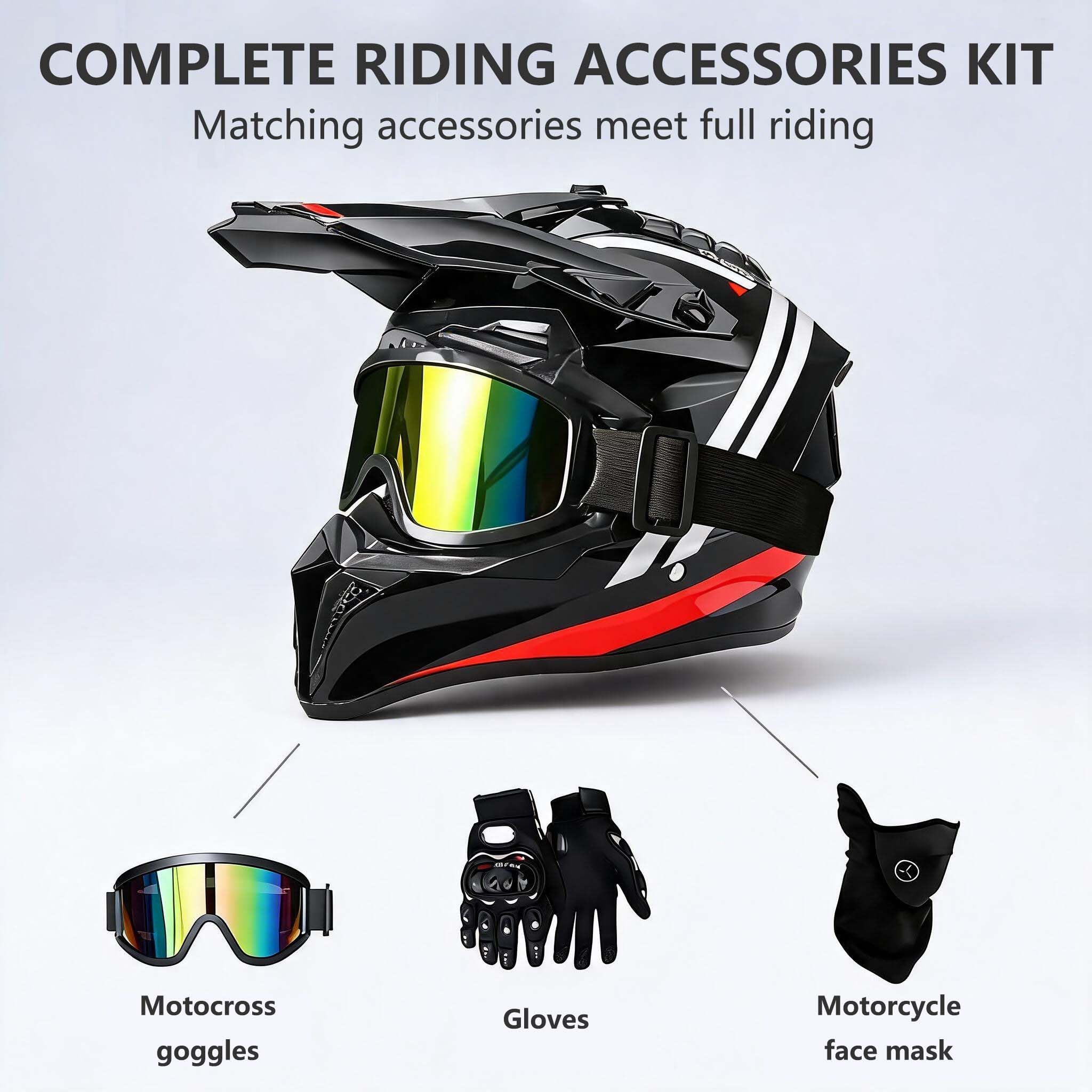 Casque Moto Cross Adulte, Casque Motocross avec Lunettes, Gants et Masque | Deux doublures interchangeables de tailles différentes, intérieur amovible et lavable, ventilation multicanale, boucle rapide