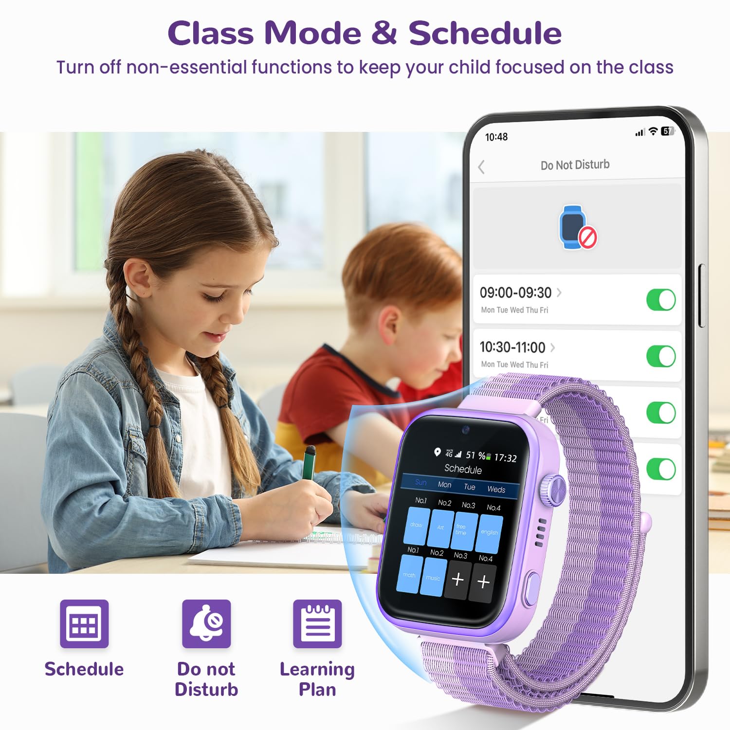 Fitnynxos 4G Smartwatch Bambini con Chiamate e GPS, Orologio Smartwatch Bambini con Videochiamate, SOS, Chat Vocale, SMS, Modalità Scuola, Whatsapp, WiFi, SIM, IP68 Contapassi, Regalo Bambina, Viola
