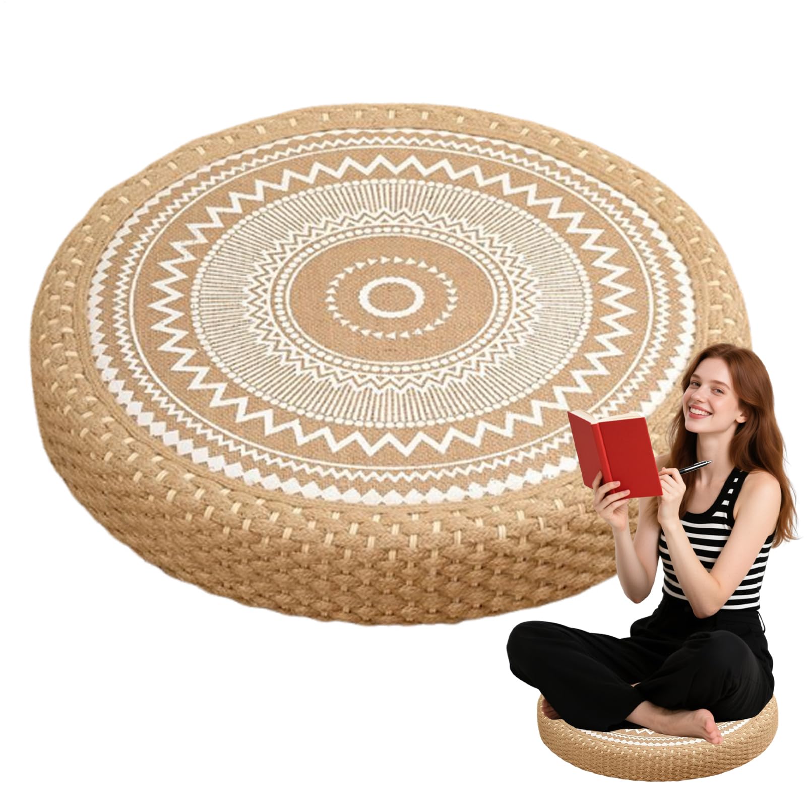 Cuscino per Meditazione Cuscino Rotondo Intrecciato in Paglia per Pavimento | Stile Boho per Arredamento Casa Yoga Soggiorno Sala da Tè Esterno e Interno