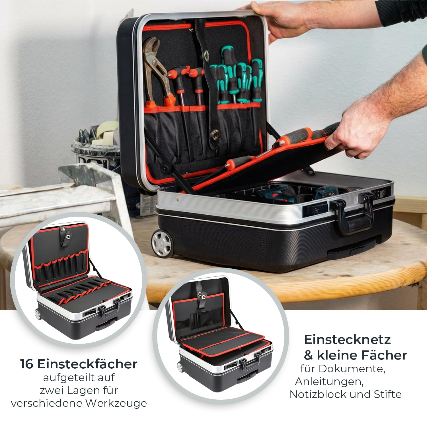 HMF 15602-02 Werkzeugtrolley leer, Werkzeugkoffer aus ABS-Kunststoff mit Rollen | 47 x 40 x 24,5 cm