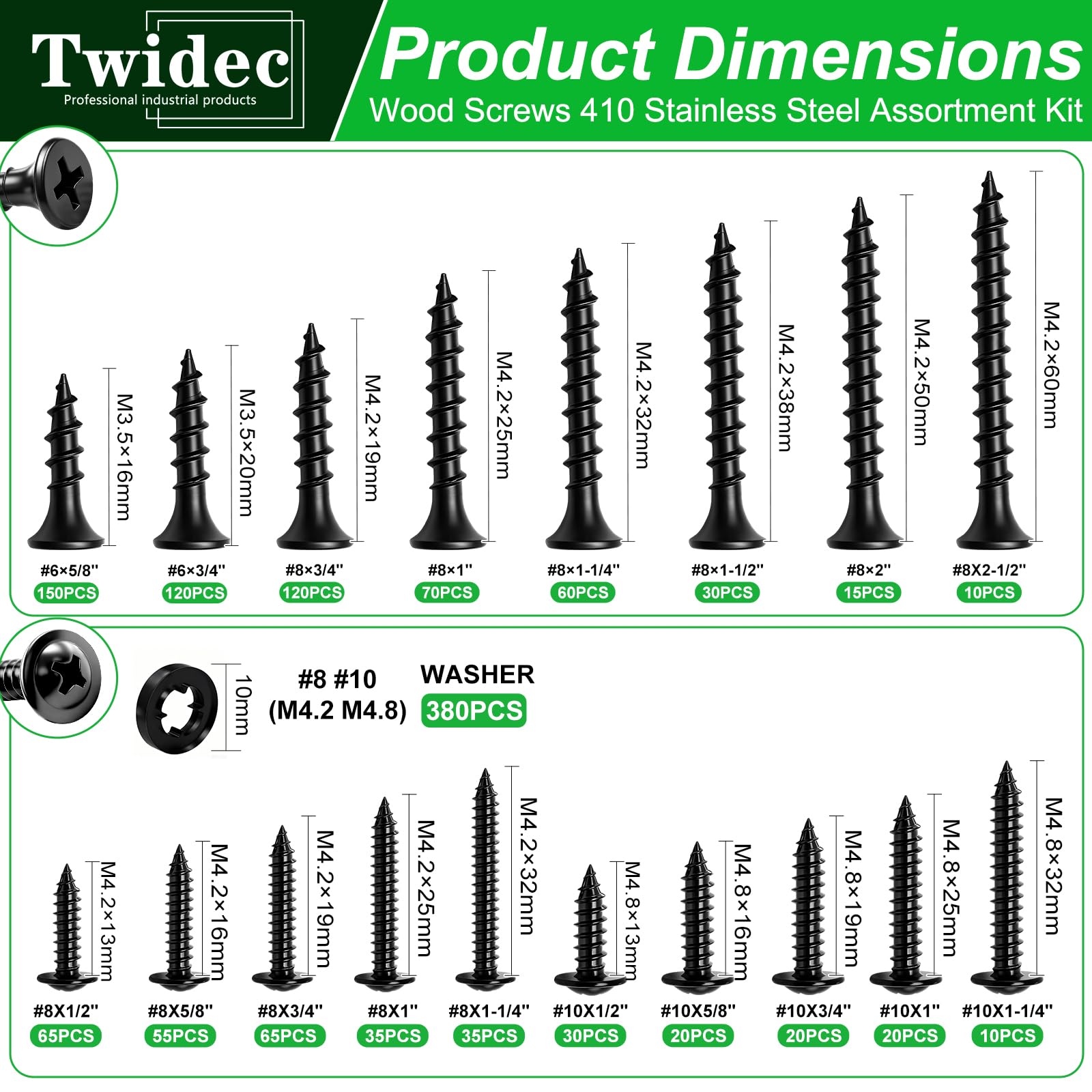 Twidec Kit surtido de 1310 tornillos de madera negros, tornillos Phillips #8#10 para madera y paneles de yeso, tornillos autorroscantes de alta dureza, rosca gruesa de 0.5 a 2-0.5 pulgadas para