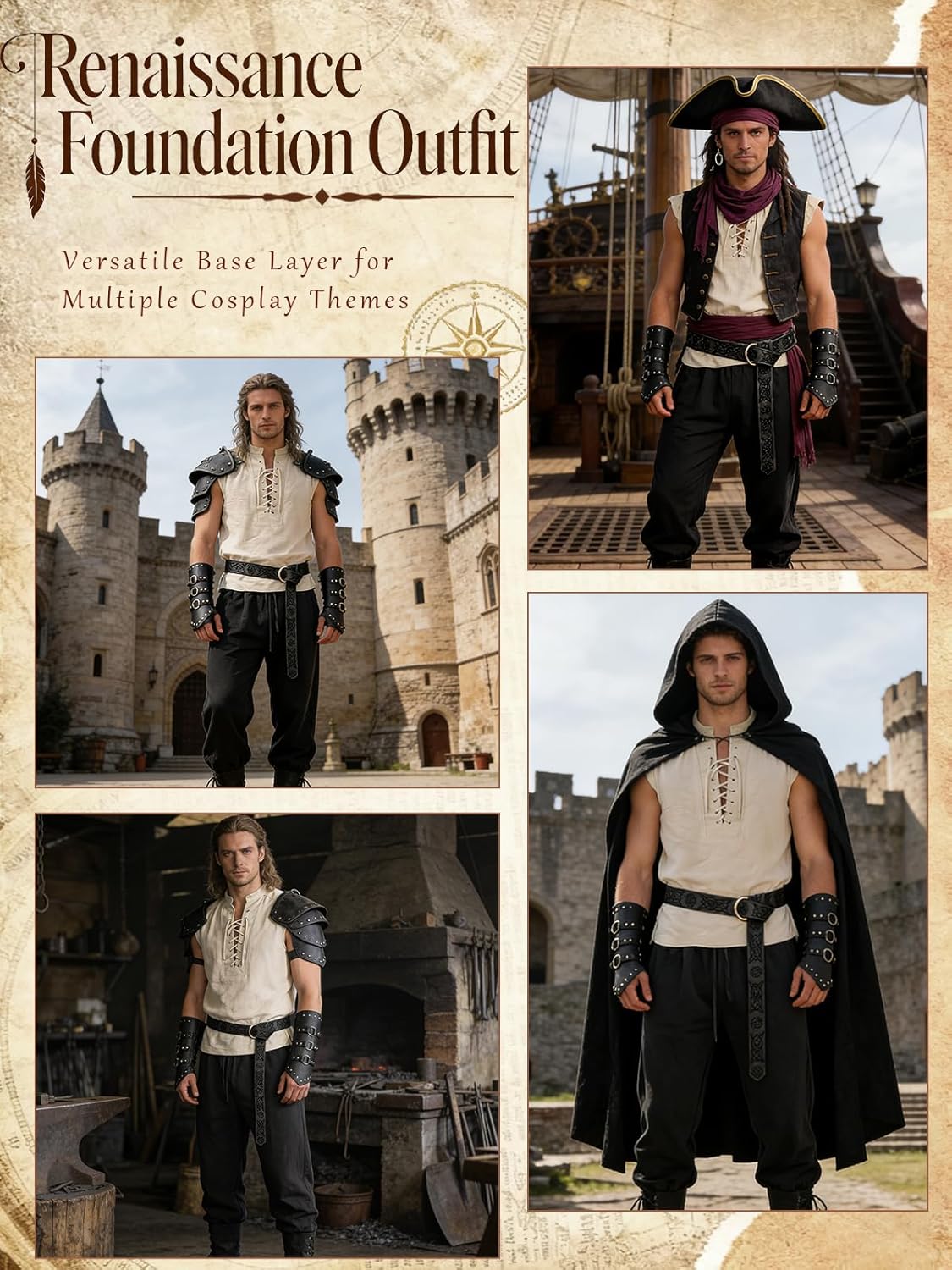 Verceco Men’s Renaissance Costume 4PCS – Medieval Lace-Up Shirt, Ankle Pants, Belt & Leather Bracers for LARP Cosplay
