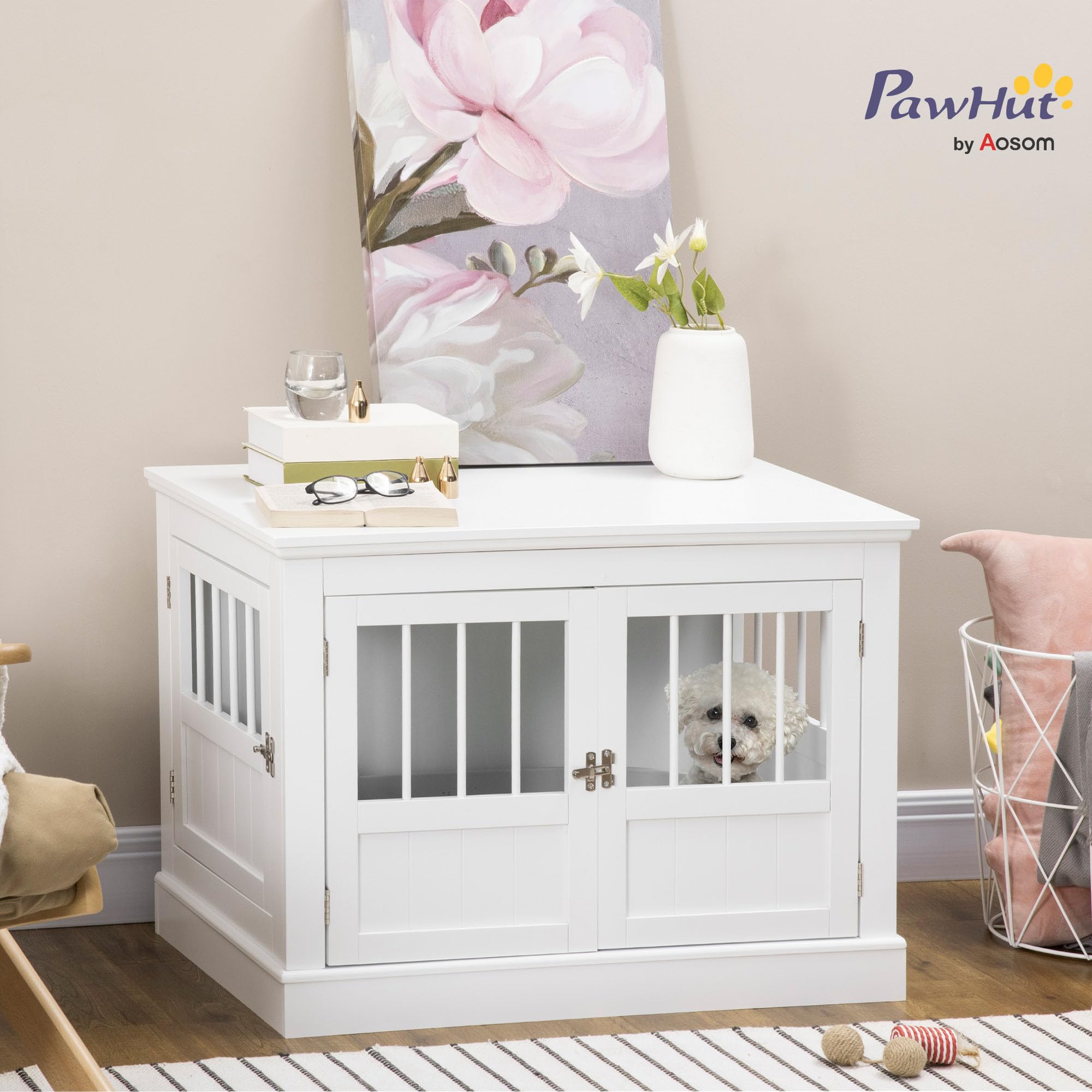 PawHut Jaula para Perros, Mesa Auxiliar, Casa para Mascotas Moderna con 3 Puertas Francés con Cierre Magnético, para Perros Pequeños, 78x53x59,3 cm, Blanco