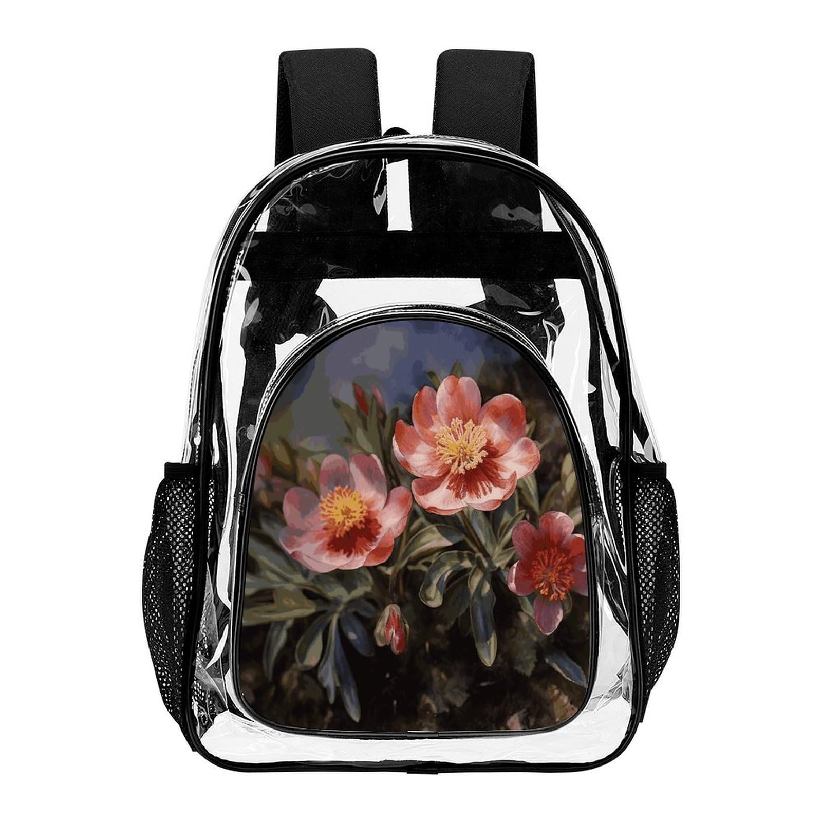 Transparenter Rucksack mit Frühlingsblumen, groß, transparent, PVC, Büchertasche für Sicherheit, Arbeit, Reisen, Stadion