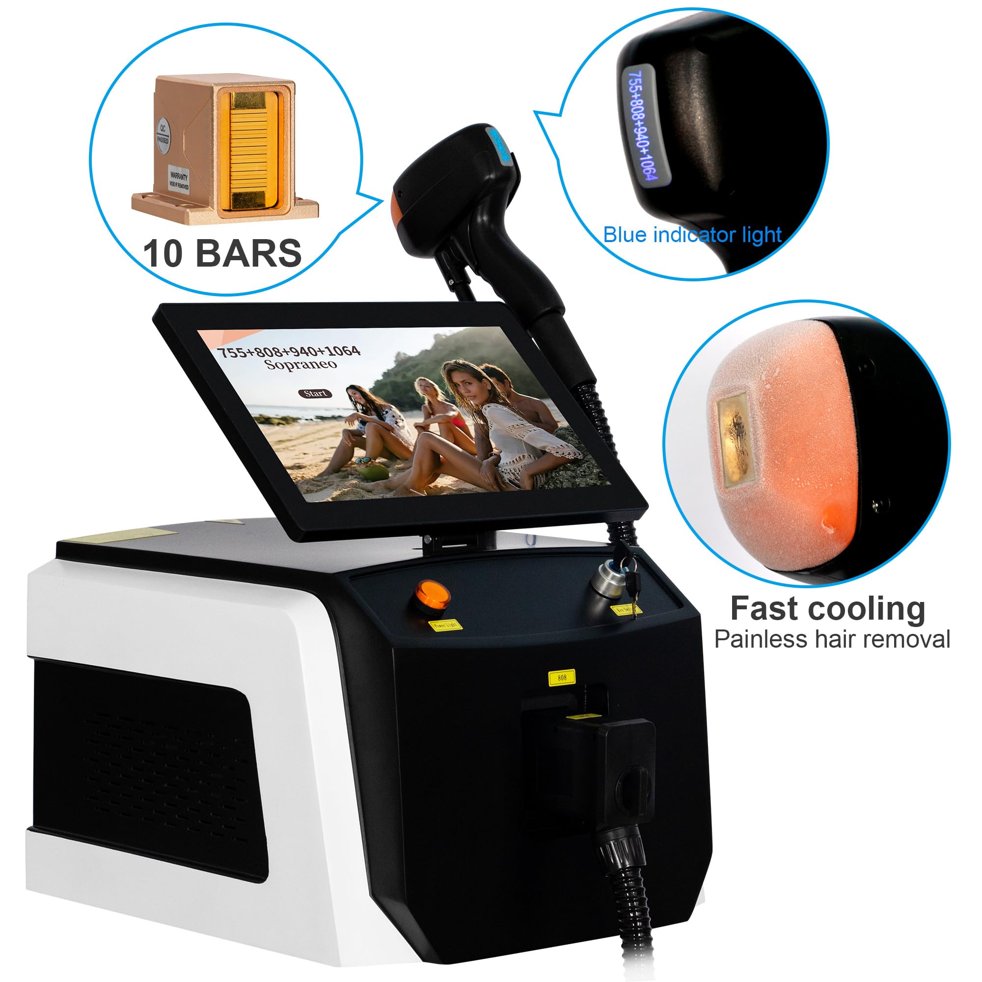 10 barre, Laser a Diodi per Depilazione 755nm/808nm/940nm/1064nm | Epilazione indolore su tutto il corpo tecnologia FAC Certificazione CE e RoHS