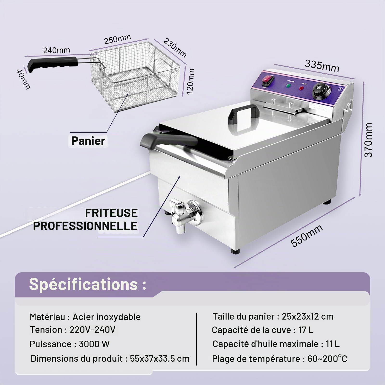 Friteuse électrique,16LCommerciale friteuse avec valve de vidange acier inoxydable,Professionnelle Inox Friteuse Avec Régulateur de Température,3000 W, 60-200 °C