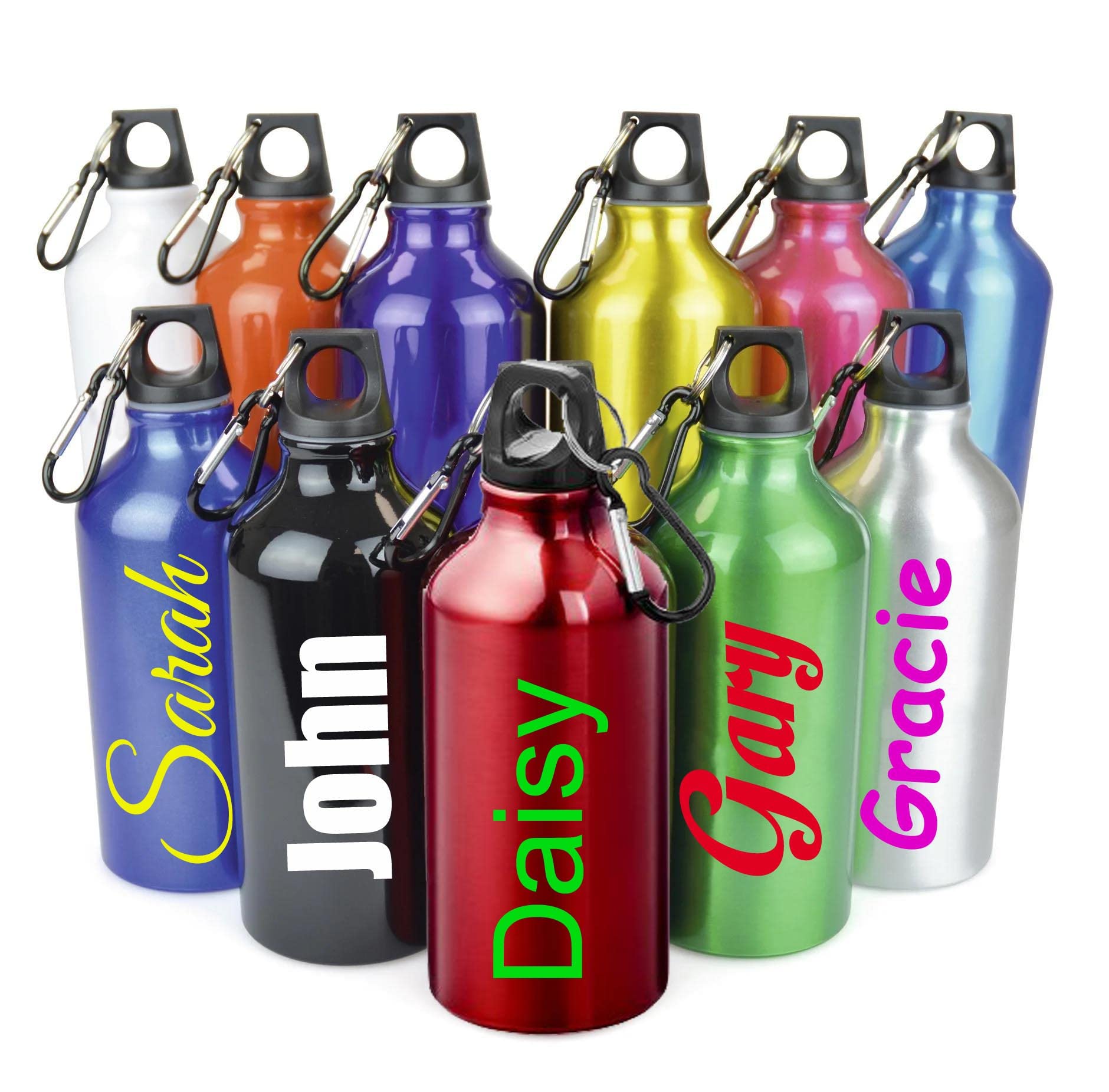 Personalised Custom Children's Metal Water Drink Bottle with Screw Top and Clip - Any Name, Word, Business, Sports, School, Promotional Merchandise