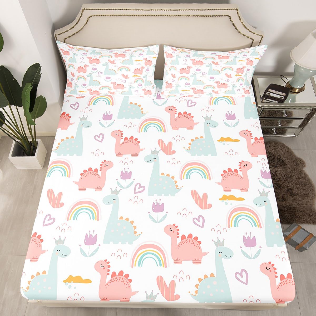 Cartoon Dino Sheet Set Full, Pink Green Dinosaur Sheets with Deep Pocket Fitted Sheet Cute Jungle Dino Bed Sheets Set for Kids Boys Girls Cute Rainbow Bedding Set with 2 Pillow Case