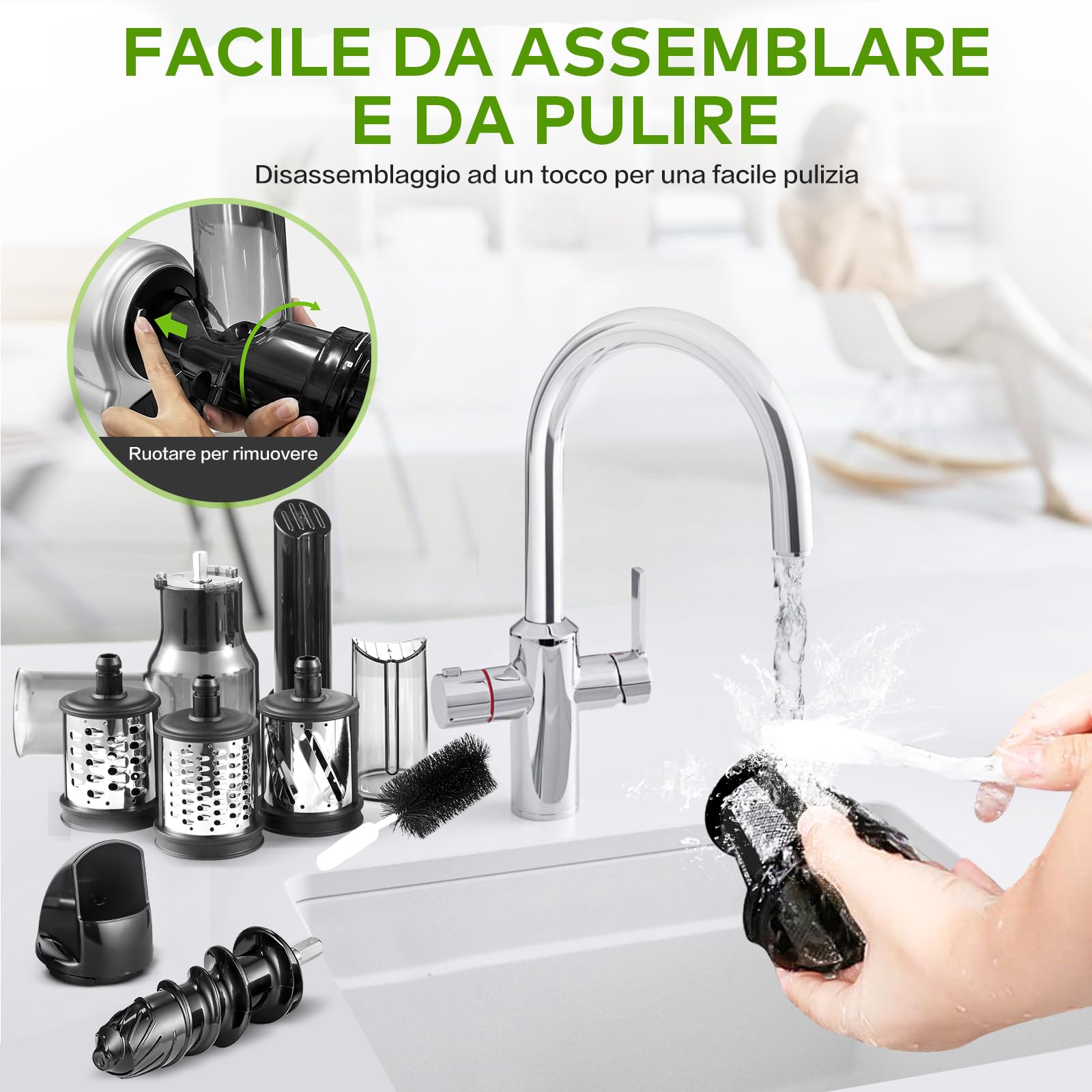 AMZCHEF Macchina 4-IN-1 | ①Estrattore / ②Grattugia Elettrica per Formaggio e Verdure / ③Tritacarne / ④Riempitrice per Salsicce | Argentori di Succhi con 80MM e Attacco Multifunzionale - Argento