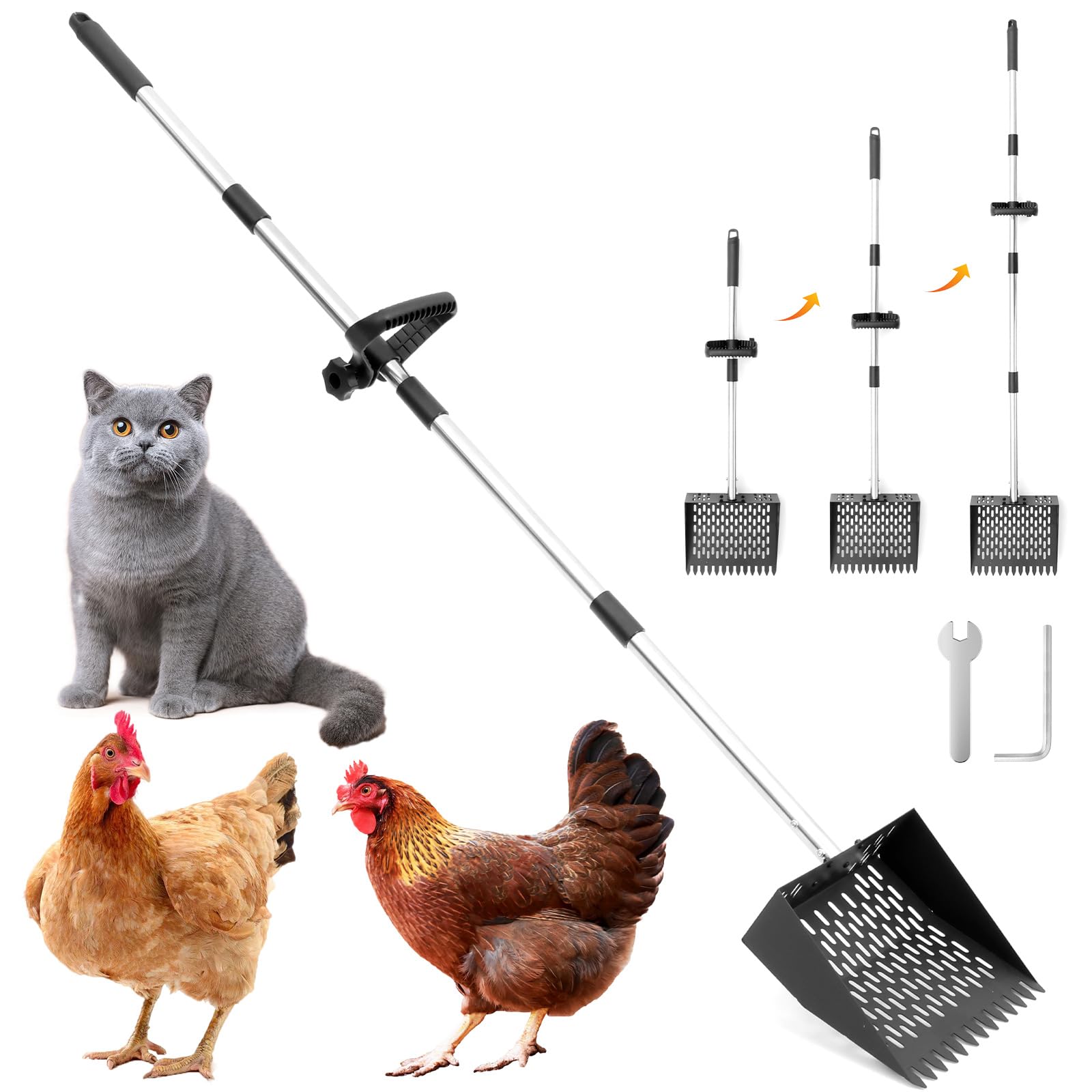 Guijzsltrg Black 2 In 1 Chicken Poop Scooper And Rake 10 Inches Metal Sand Sifting Shovel Deep Poop Shovel With Adjustable Handle Non Stick Mesh Surface Breeding Farm Accessories Tool For Cats Dogs House