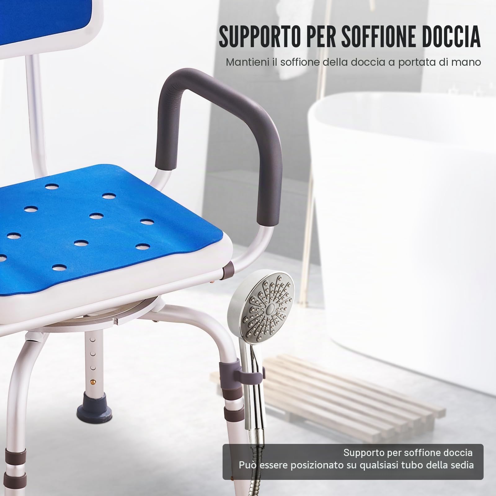 VEVOR Sedia da Doccia Girevole a 360 Gradi, Regolabile, Antiscivolo, per Vasca da Bagno, Capacità 180 kg, Blu+bianco