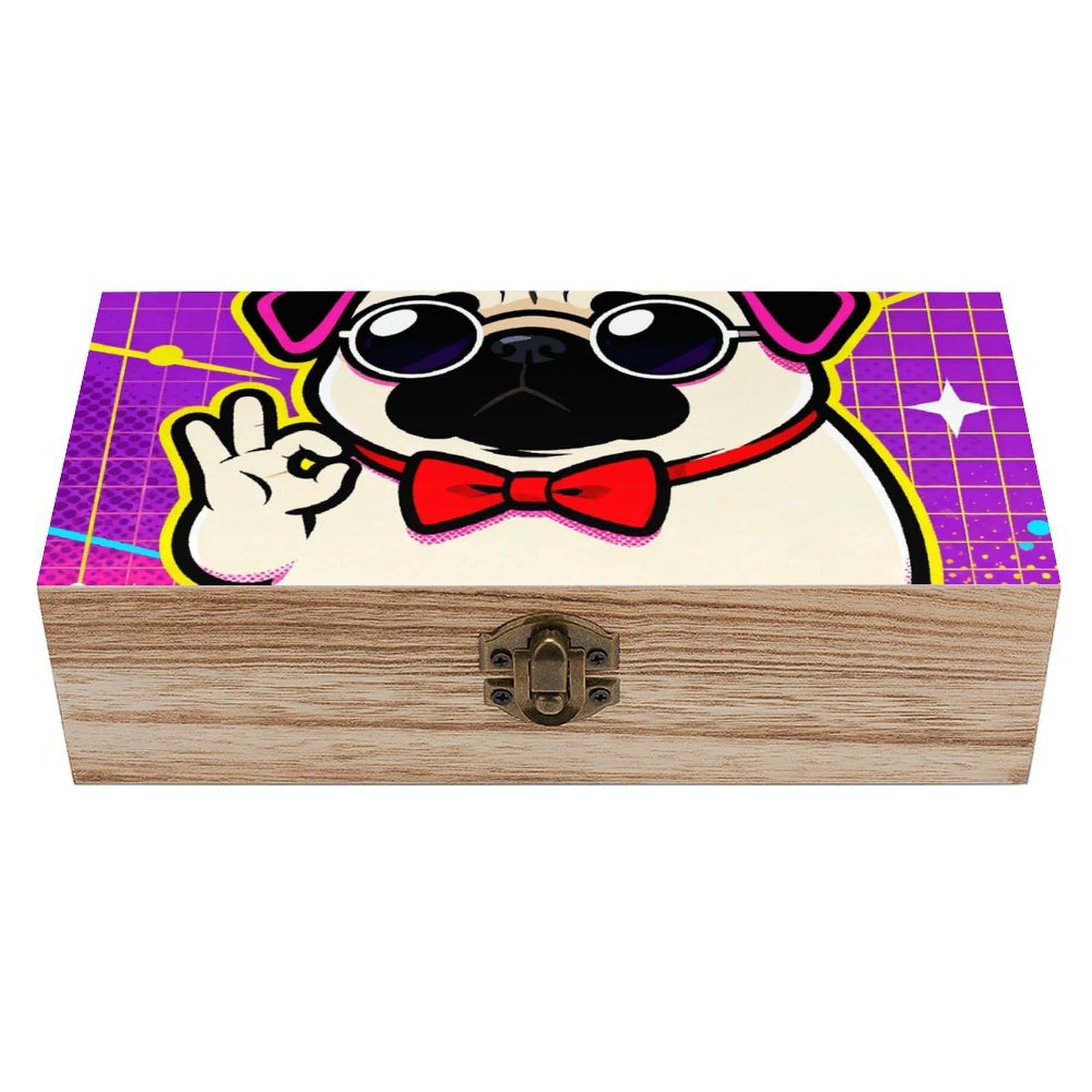 LZQPOEAS Cute Pug Dog Print Wooden Storage Box Small Decorative Box with Hinged Lid Handmade Elegant Keepsake Storage Box for Jewelry, Photos, Trinkets, Letter Gifts, Small Heirlooms