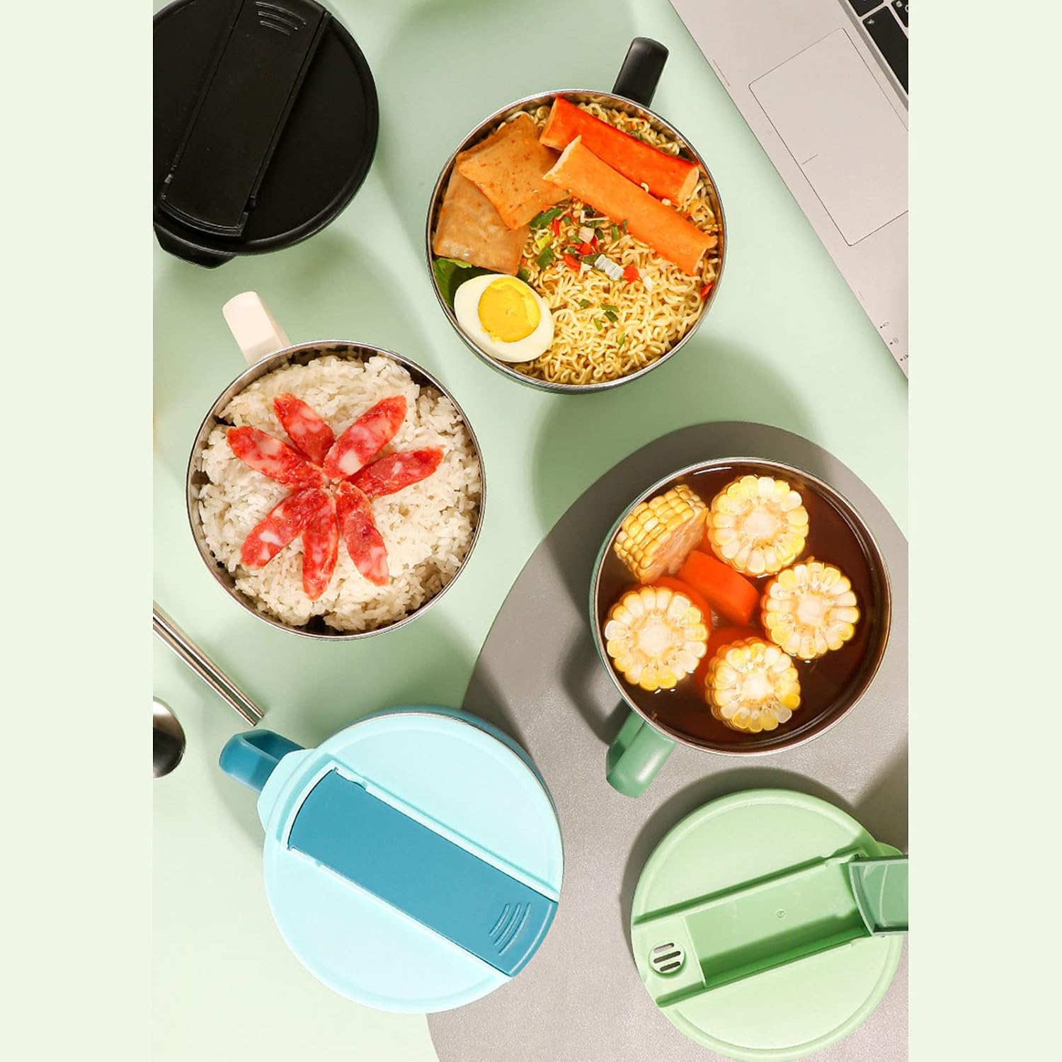 Hyuduo Stainless Steel Noodle Bowl with Lid Detachable Chopsticks and Spork, 1200ml Insulated Double Wall for Office Dorm Use (Green)