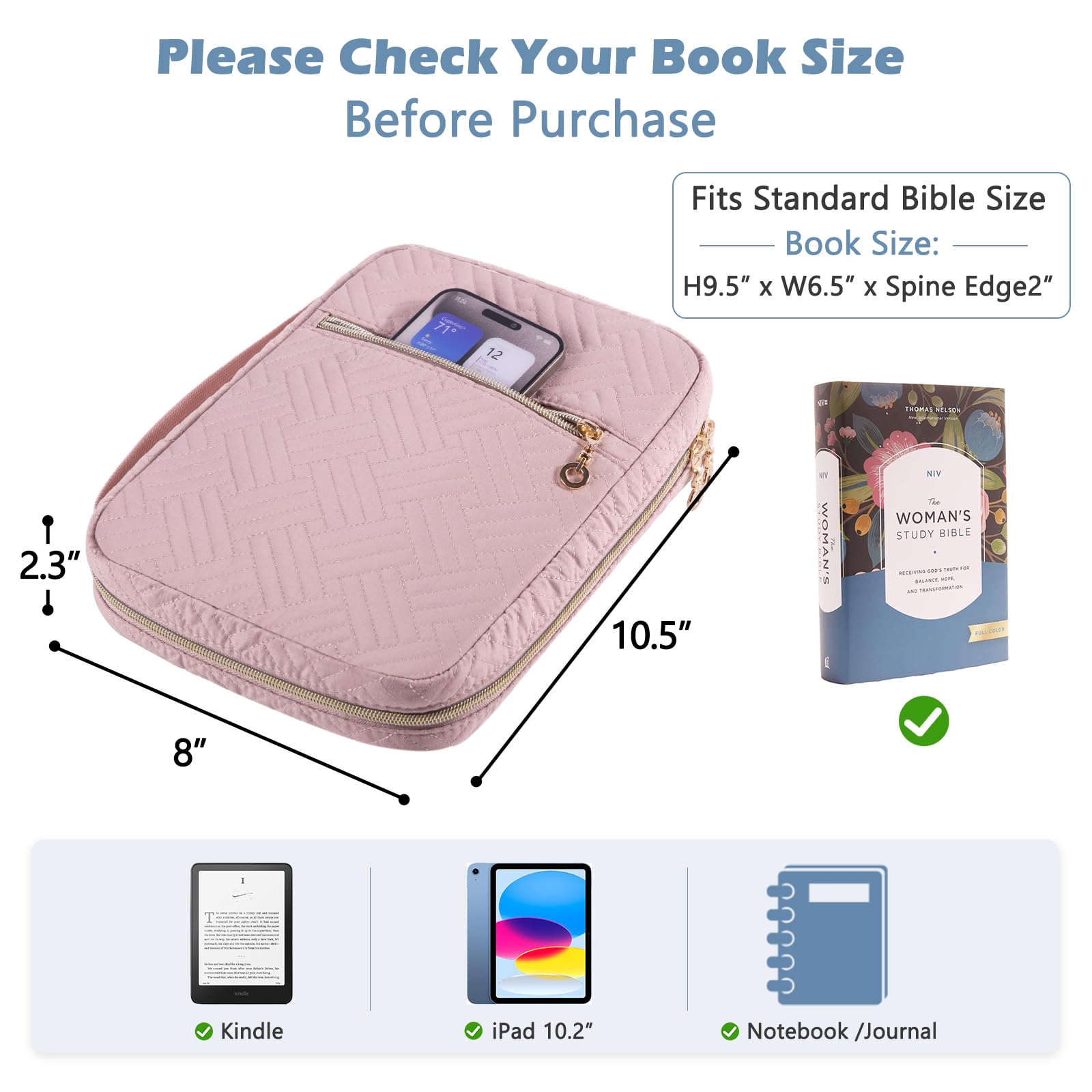 APLUFINE Funda acolchada para la Biblia para mujer, bolsa organizadora con cremallera con funda para suministros de estudio, accesorios y diarios, regalo de transporte de iglesia para niñas, funda de