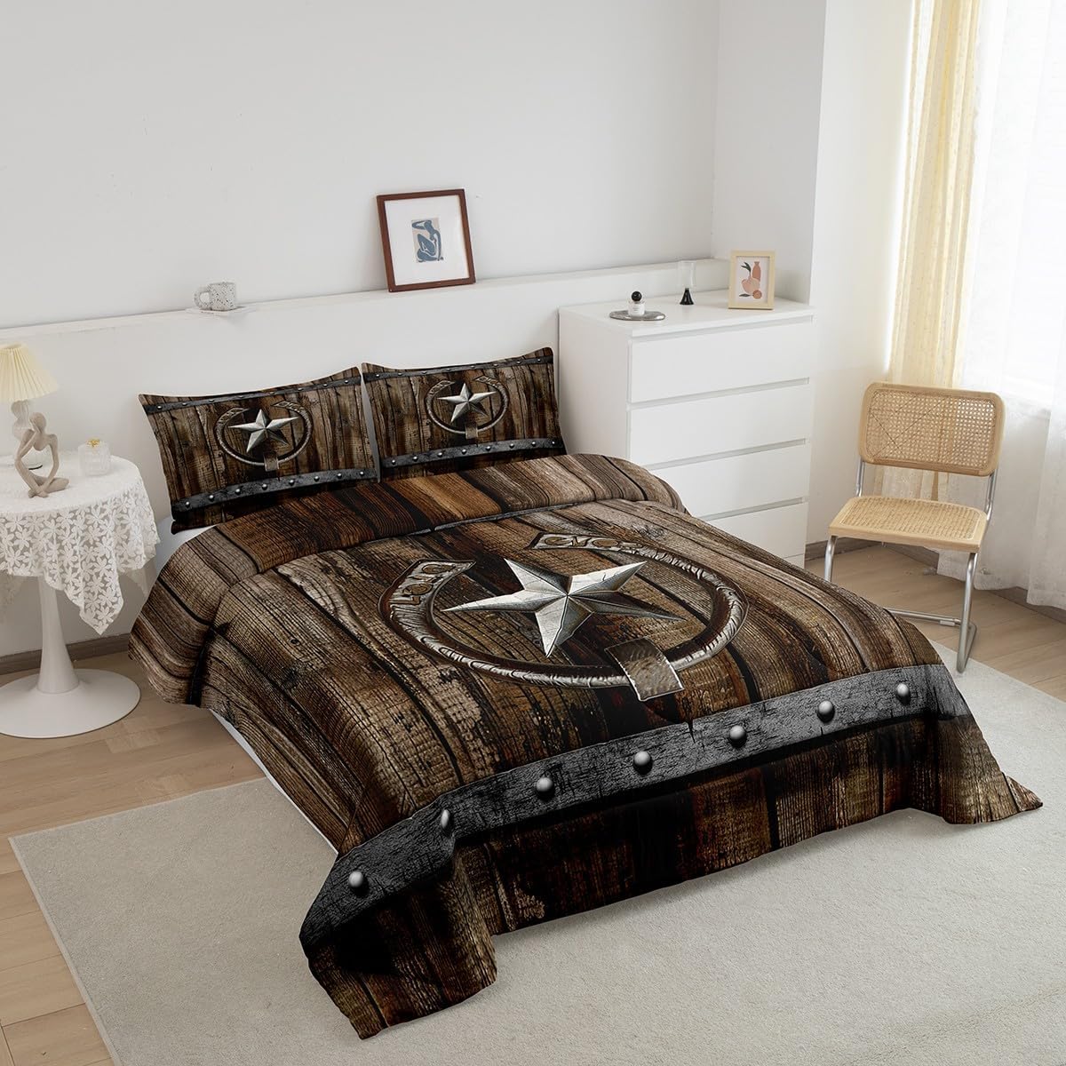 Rustic Farmhouse Comforter Set,Rusty Horseshoe Texas Star Down Comforter Brown Vintage Western Country Cabin Bedding Set For Boys Adults Men Old Barn Wooden Garage Door Quilted Duvet 3 Pcs,Queen