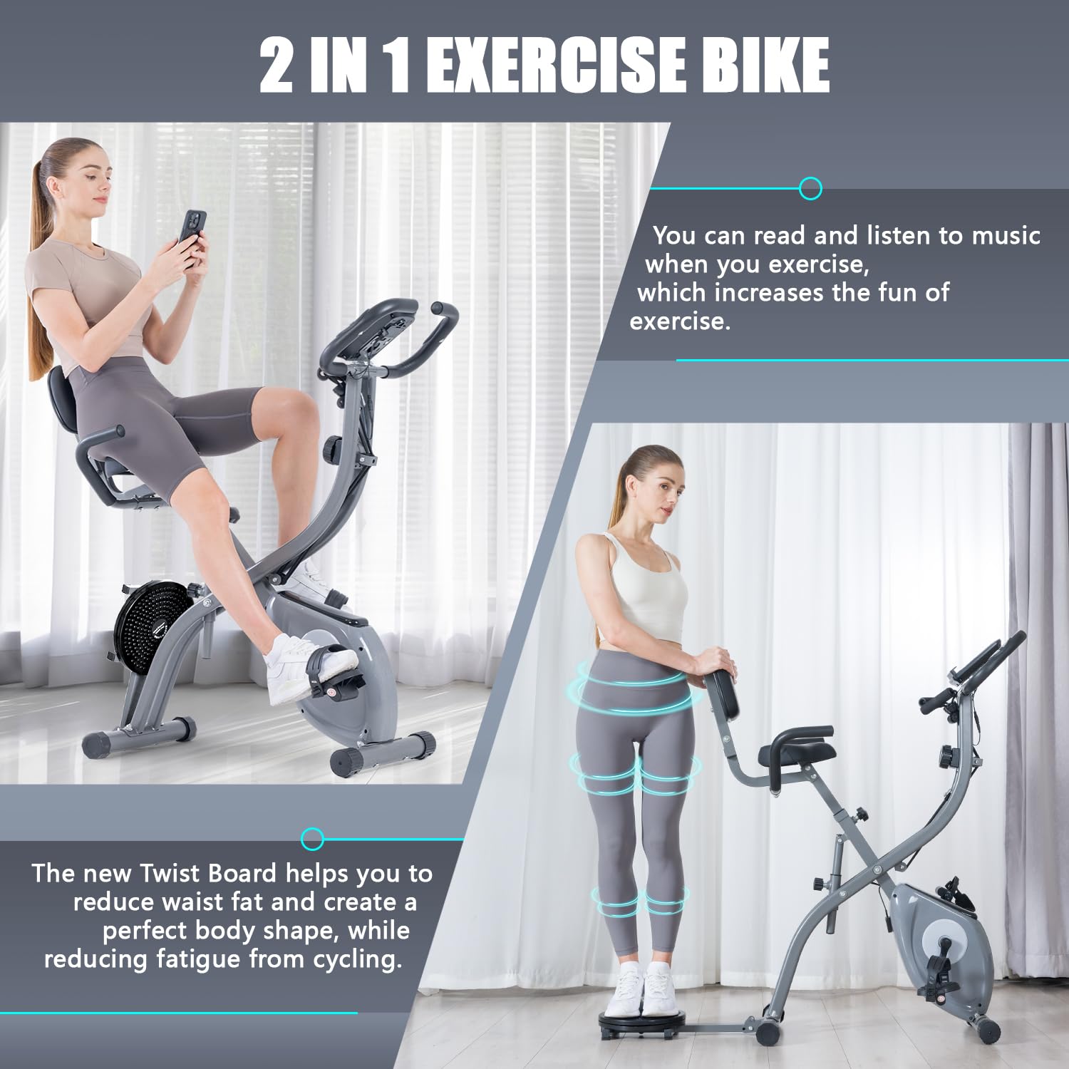 Bicicleta estática 3 en 1 con aplicación, plegable en interiores con disco de cintura giratoria, pantalla digital y resistencia magnética de 10 niveles