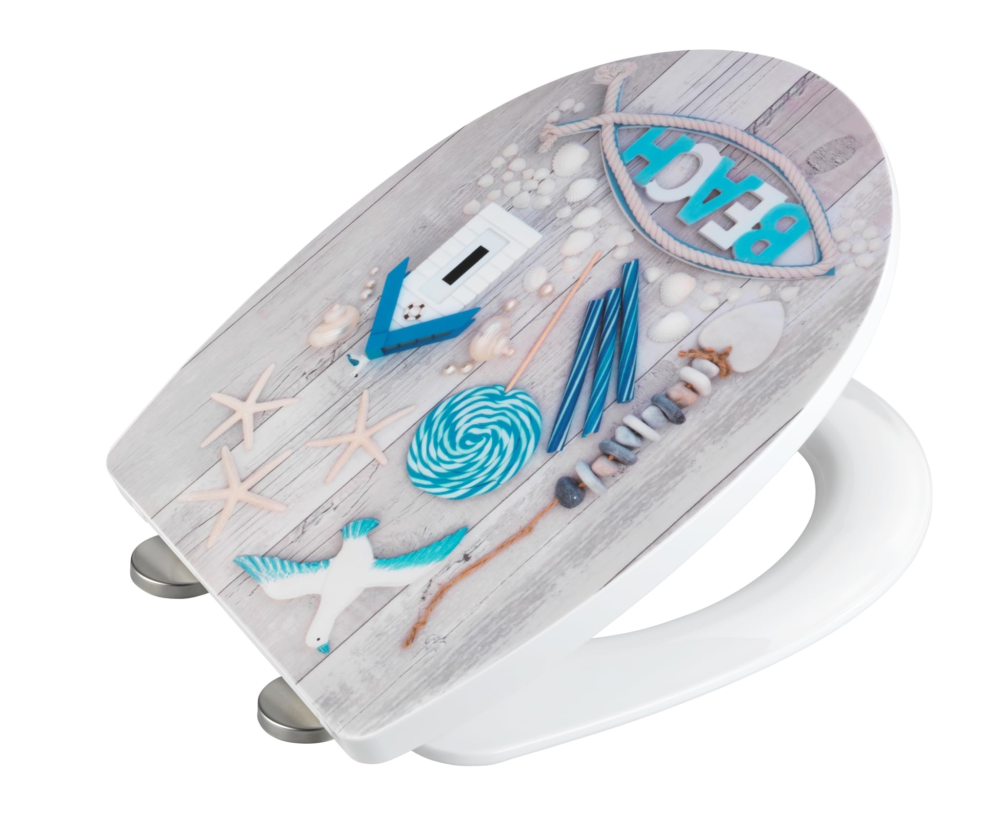 WENKO Abattant WC Beach avec Frein de Chute | Lunette Toilettes clipsable avec Fixation Acier INOX | Installation faciel et Rapide | Thermoplast Haute qualité | 36,5x45 cm | Gris et Bleu