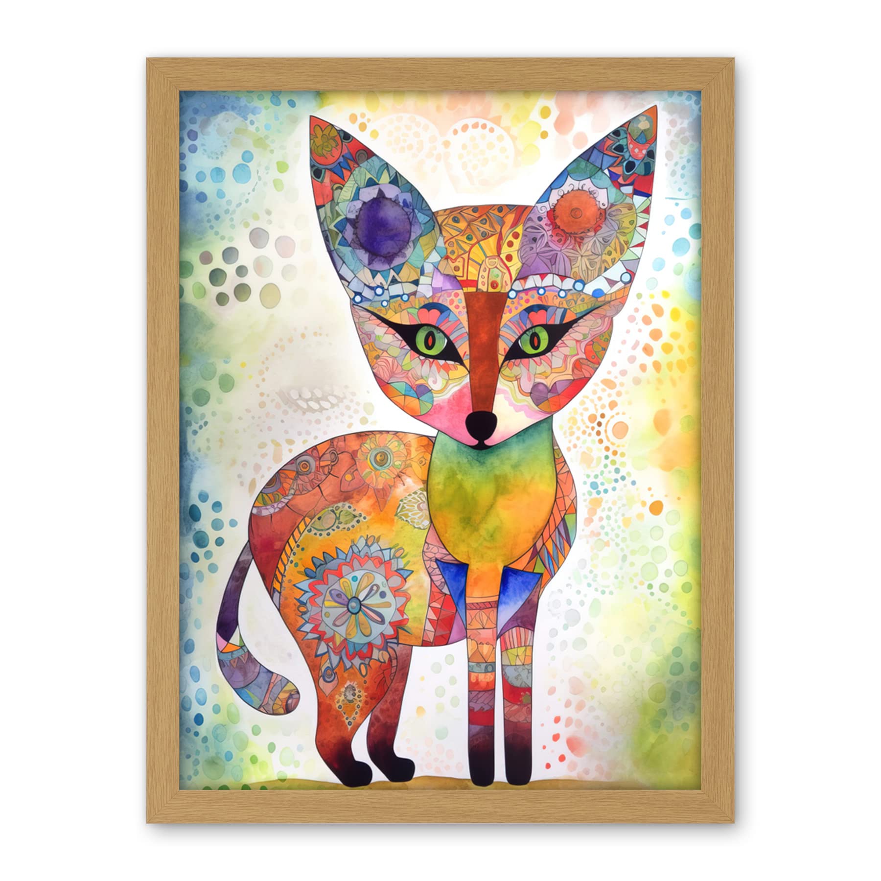 Artery8 Fox Folk Art Watercolour Painting Artwork Framed Wall Art Print 18X24 Inch